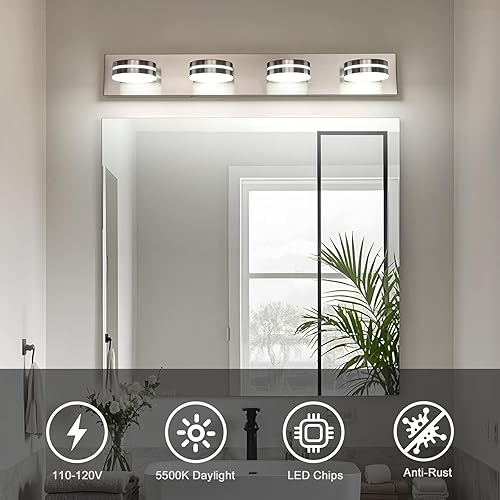 Miniatura 4 de Luces de tocador de níquel cepillado para baño, 4 luces de baño sobre el espejo, accesorio de iluminación LED regulable para baño, moderno accesorio