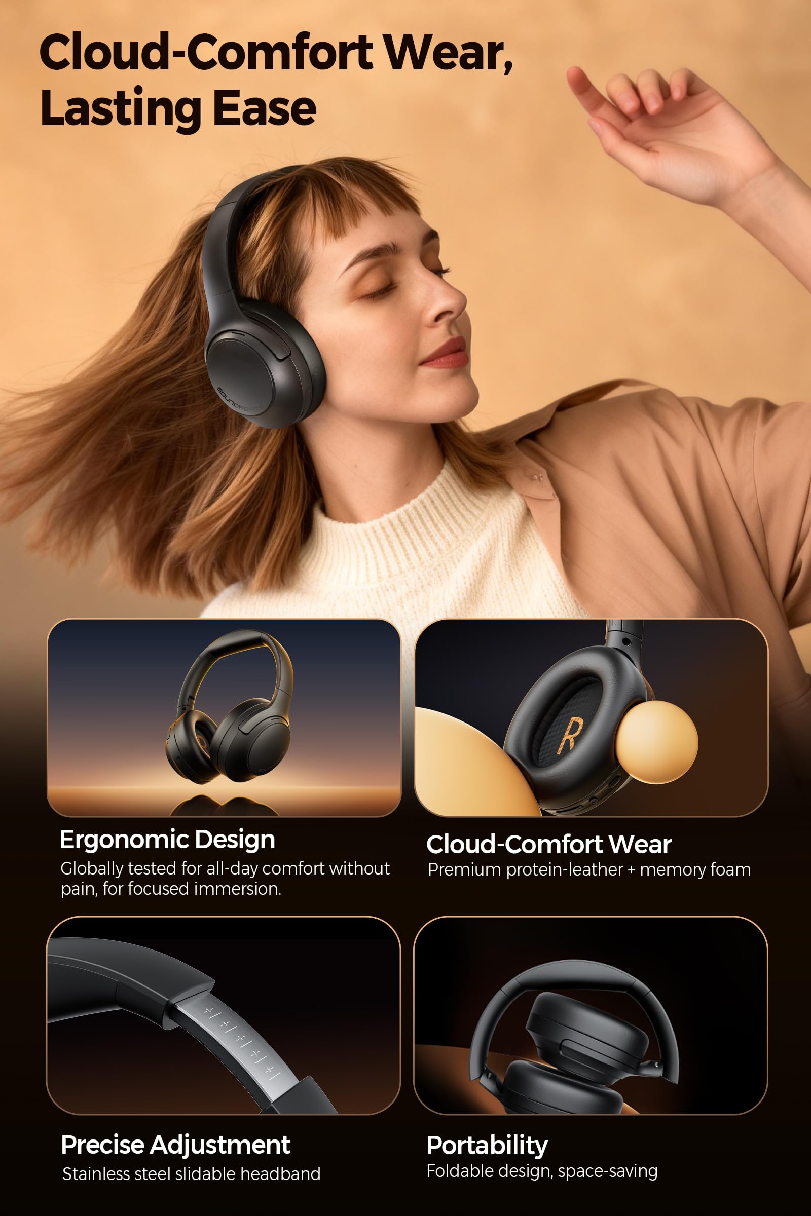 SoundPEATS Cove Pro Auriculares Inalámbricos Bluetooth 6.0, Cancelación Activa Híbrida, 7 Micrófonos, Hi-Res Dual Gold con LDAC, 95 h de Reproducción y EQ Personalizable, Carga Rápida