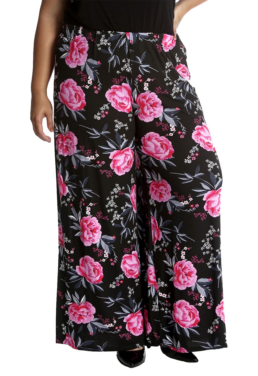 FAIRY BOUTIQUE Ladies Plain Printed Wide Leg Crepe Palazzo Trousers Womens Plus Size Casual Flared Pants Black Floral Print 28-30