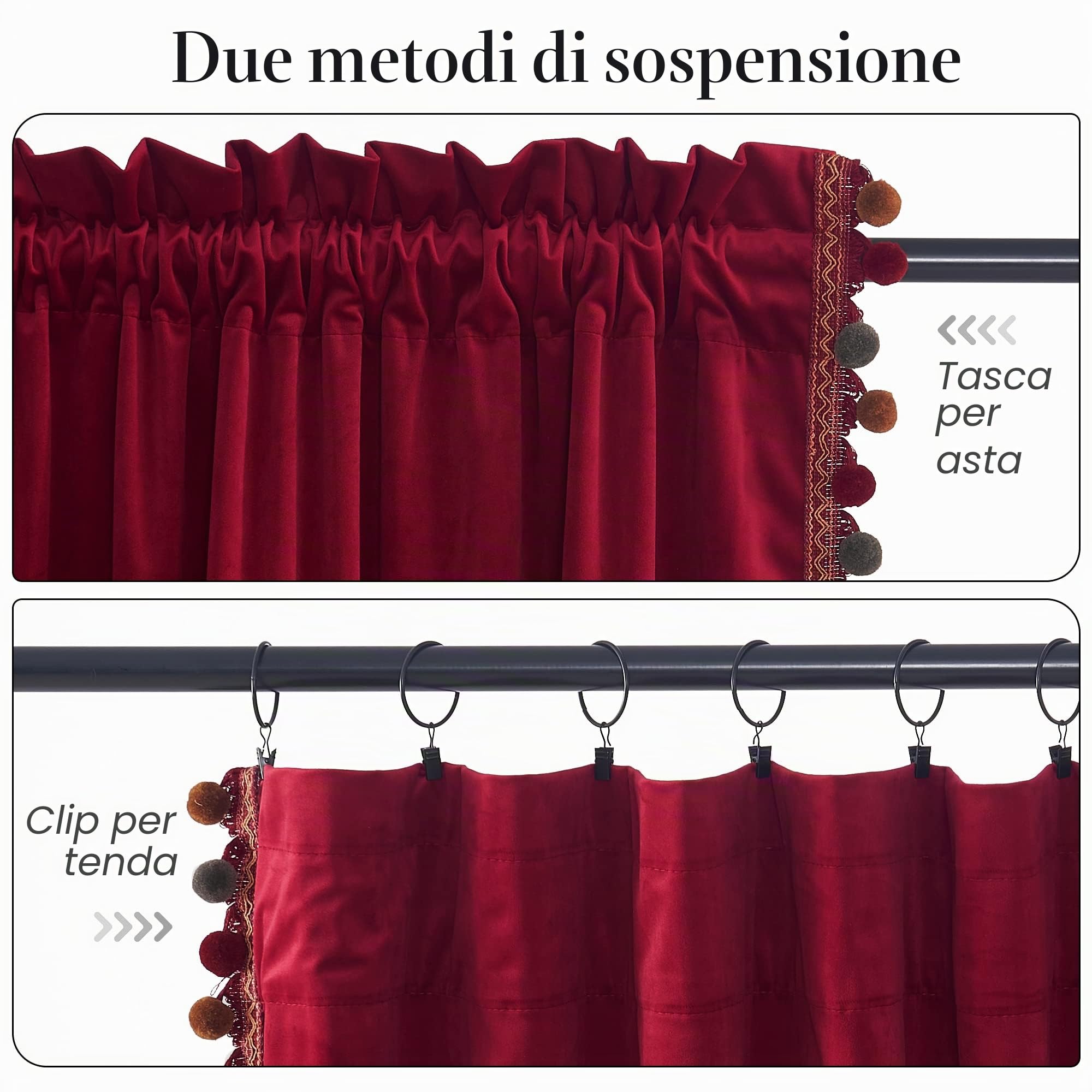 StangH Tende in velluto rosso con pompon – lussuose tende termiche isolate per la camera da letto, soggiorno, luce che bloccano la privacy, per teatro, W52 x L84, 2 pannelli e fermatenda