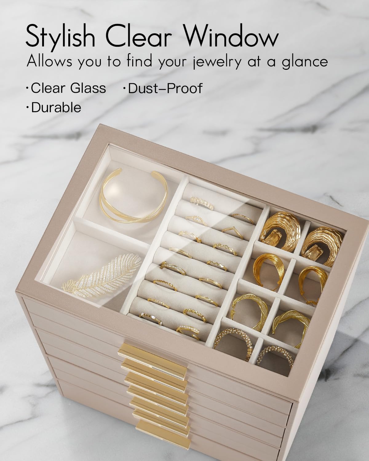 VLANDO Boîte à bijoux à 7 niveaux, boîte à bijoux, rangement de bijoux, organiseur de bijoux avec couvercle en verre, pour colliers, boucles d'oreilles, montres, bracelets, moderne, café au lait