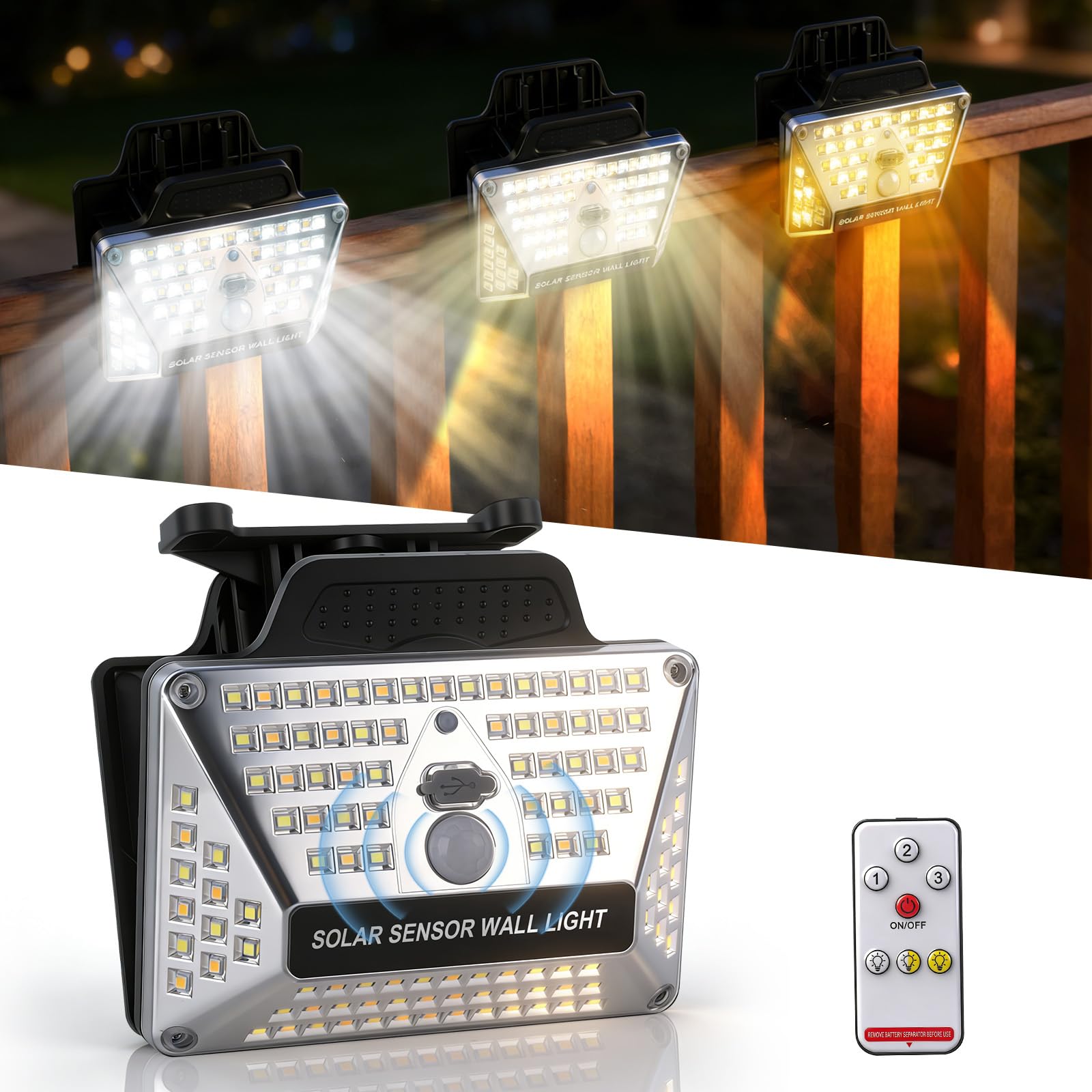 BORUIT Clamp On Solar Lights Outdoor Garden, No Drilling Damage, 111LED Remote Solar Security Lights Outdoor Motion Sensor, with USB Charging, 3 Modes for Front Door, Garden, Balcony, Railing