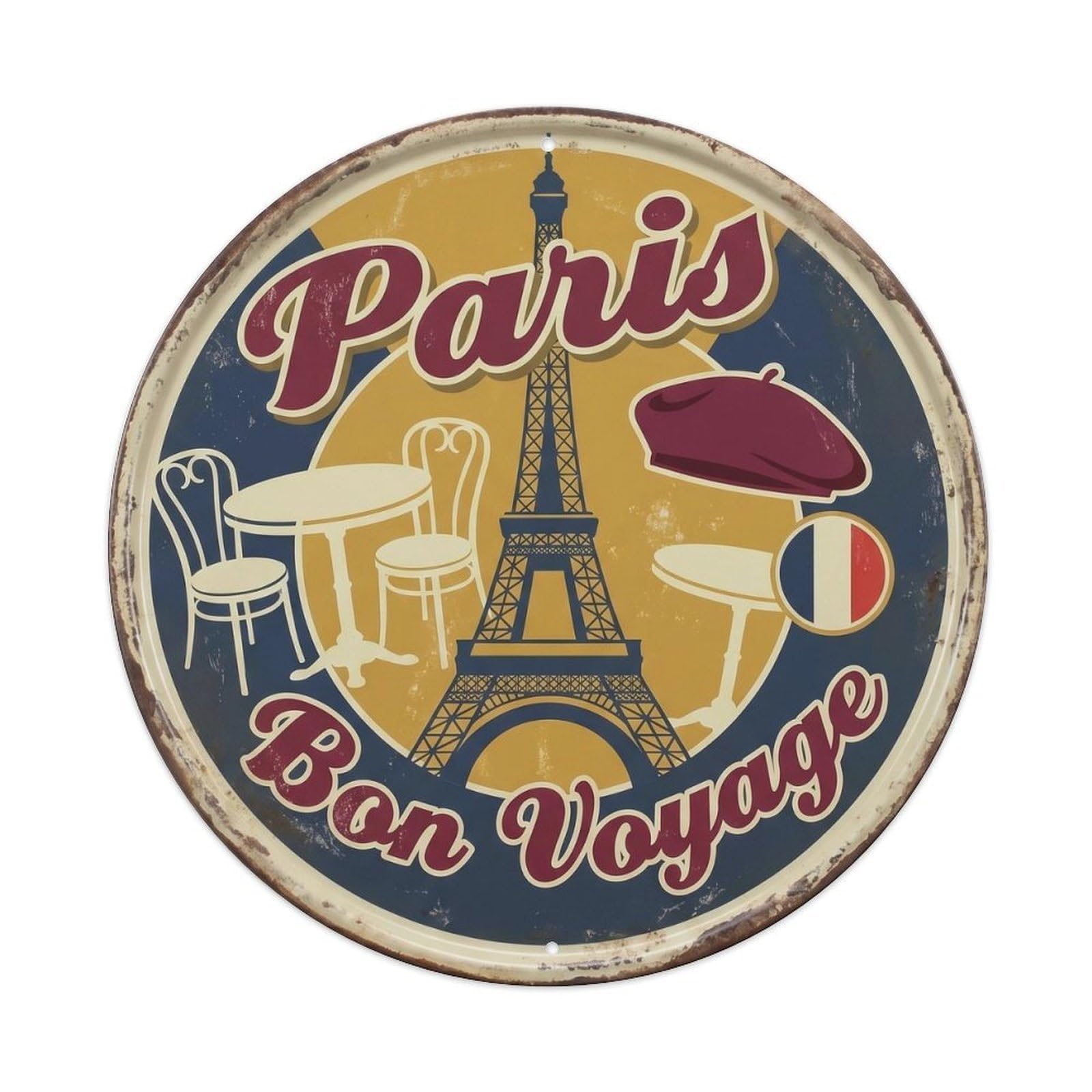 Paris France Visit Heritage Destination Scenic Landmark Metal Tin Sign Plaque Wall Decor for Cafe, Man Cave, Club Bar, Office, Home Garden Round Metal Poster 8x8Inch