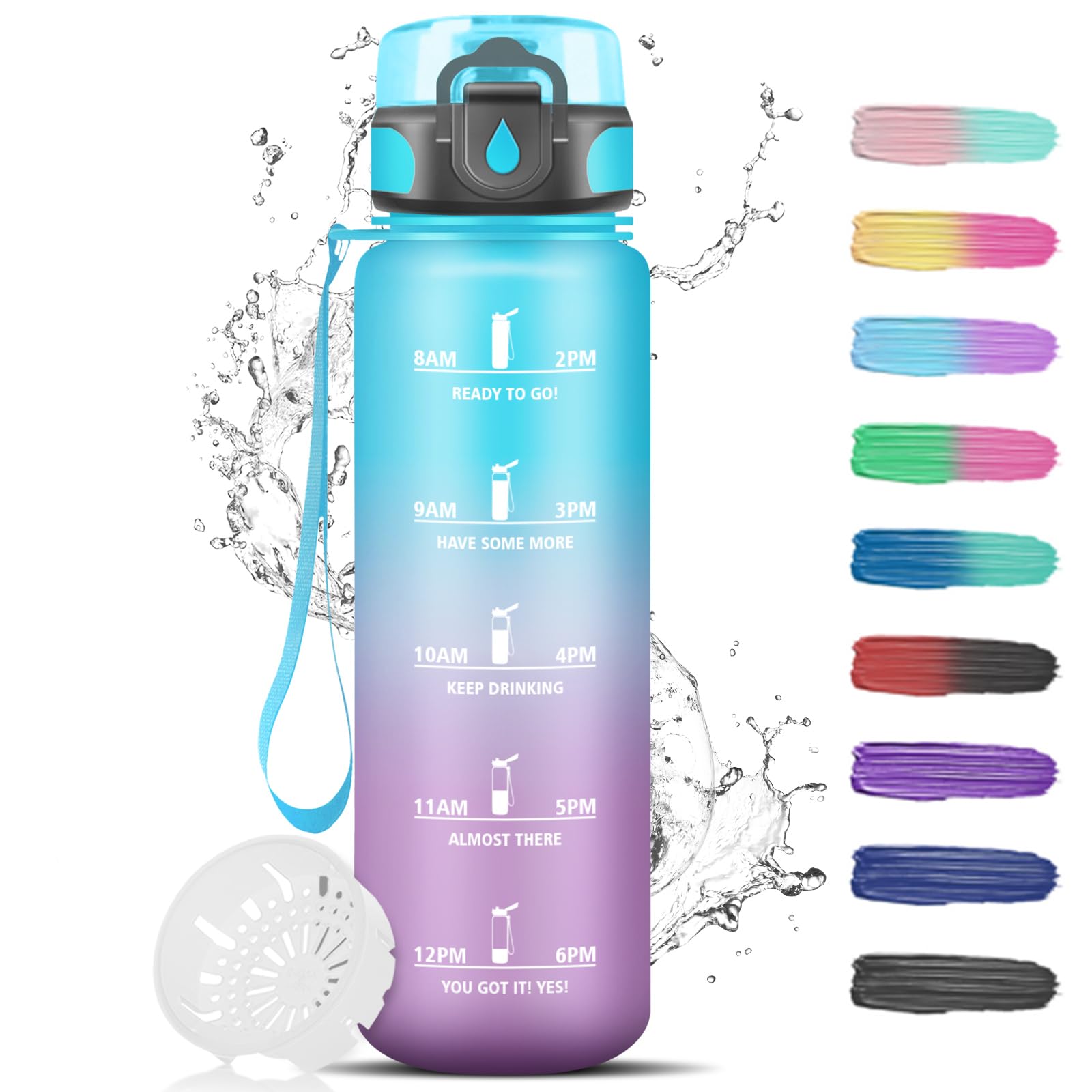 Grsta Water Bottle 1 Litre Sports Water Bottle with Filter Easy to Clean Carbonated Drinks with Time Water Bottle for Fitness Hiking Camping