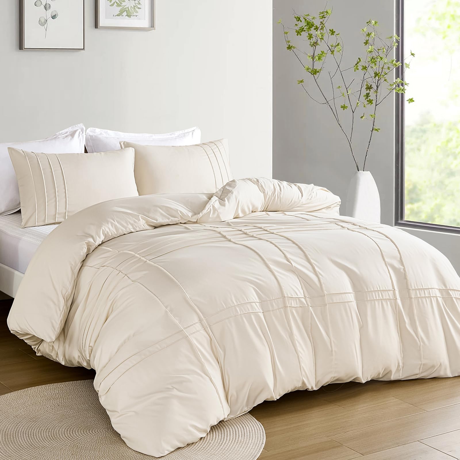 Guchuang Bedding Boho Pintuck Pinch Pleated Beige King Size Duvet Cover Set 3 Piece Tufted Duvet Cover for All Season Soft Breathable Microfiber Bed Cover 220x230cm - Image 2