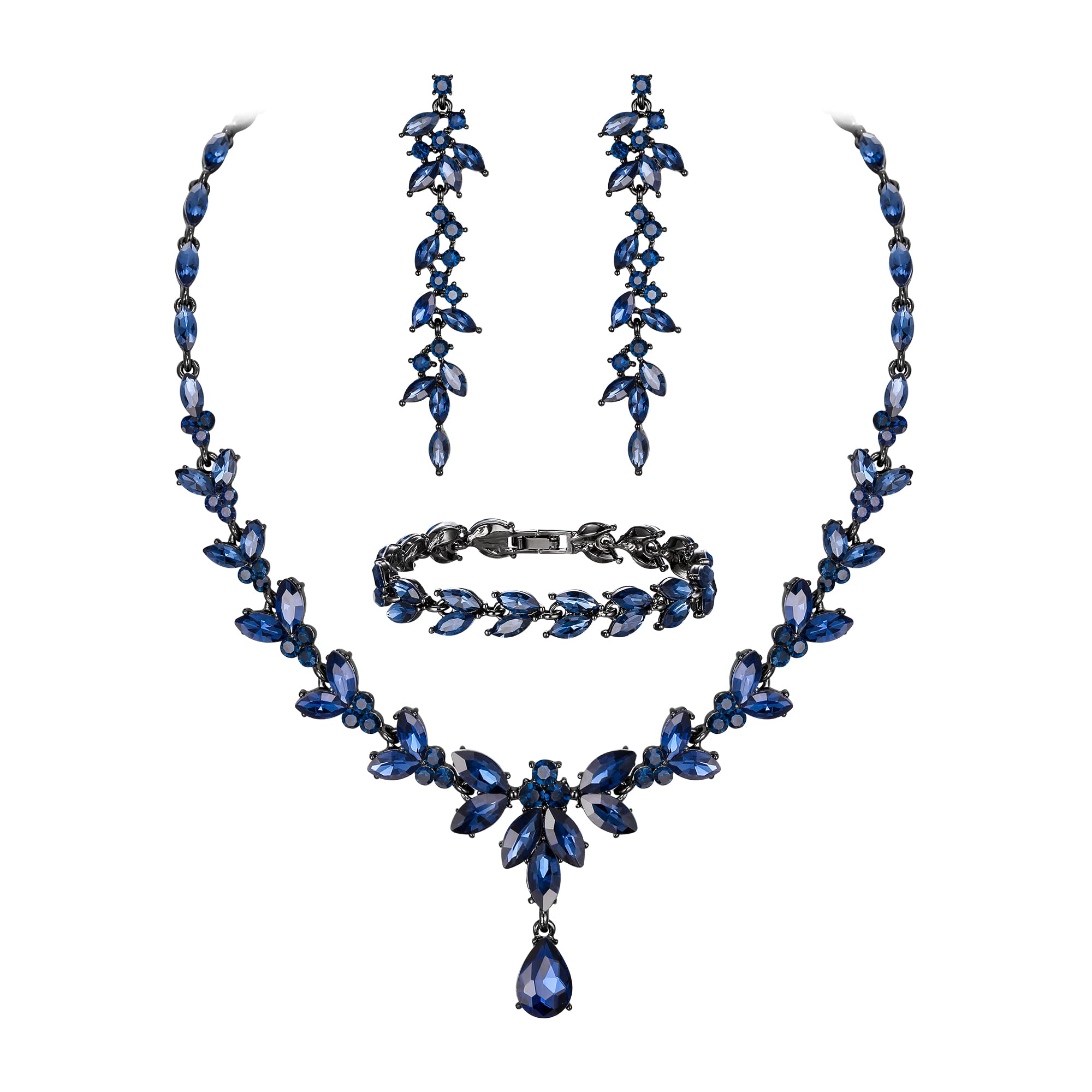 EVER FAITH Schmuckset Österreichisches Kristall Braut Schmuck-Set, Elegante Marquise Strass Blatt Halskette mit baumelnden Ohrringen Tennis-Armband-Set