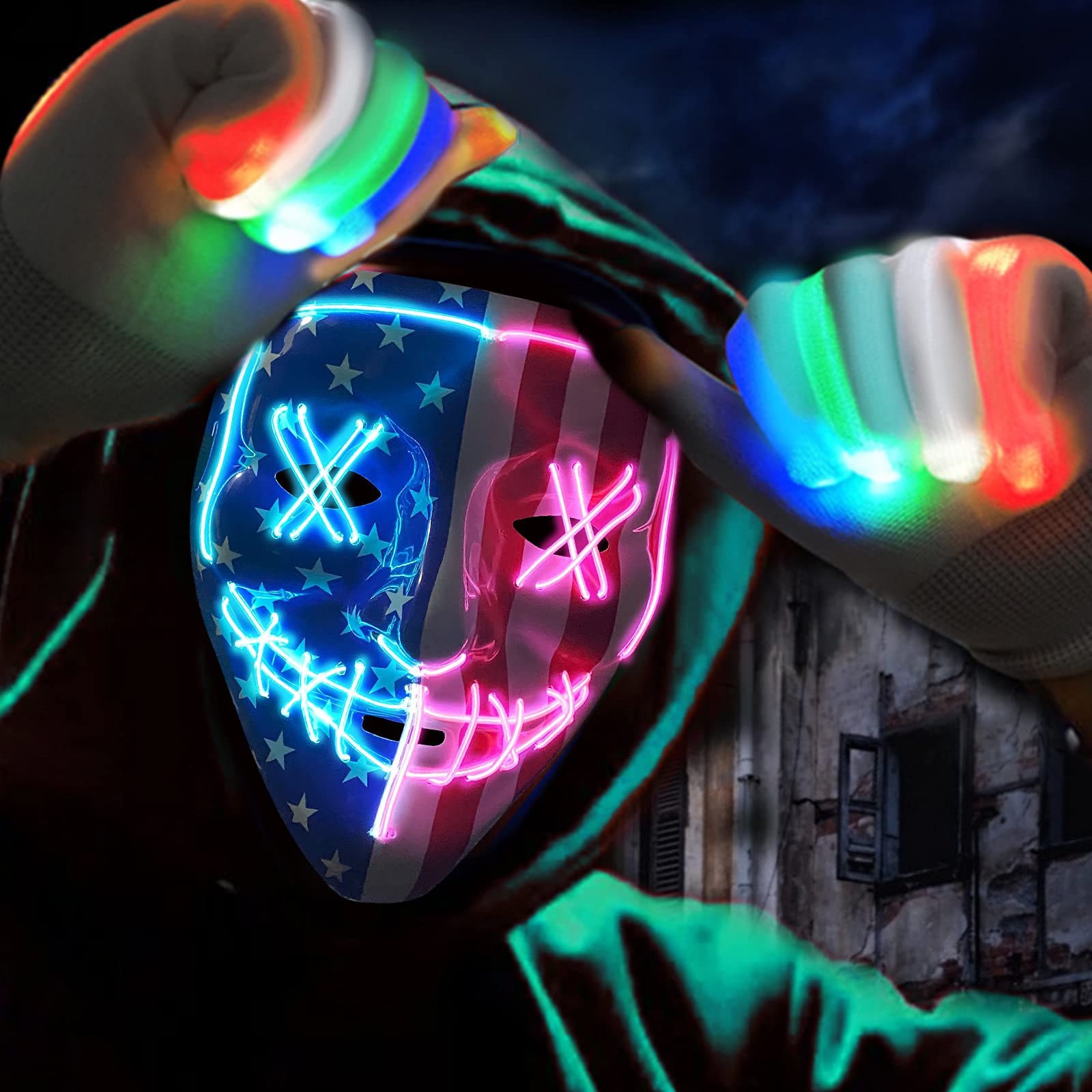 Photo 1 of  2 pack Halloween Scary Mask with Gloves Kit, Costume Mask EL Wire Light Up Mask for Halloween Costume Festival Cosplay Star Pink & Blue