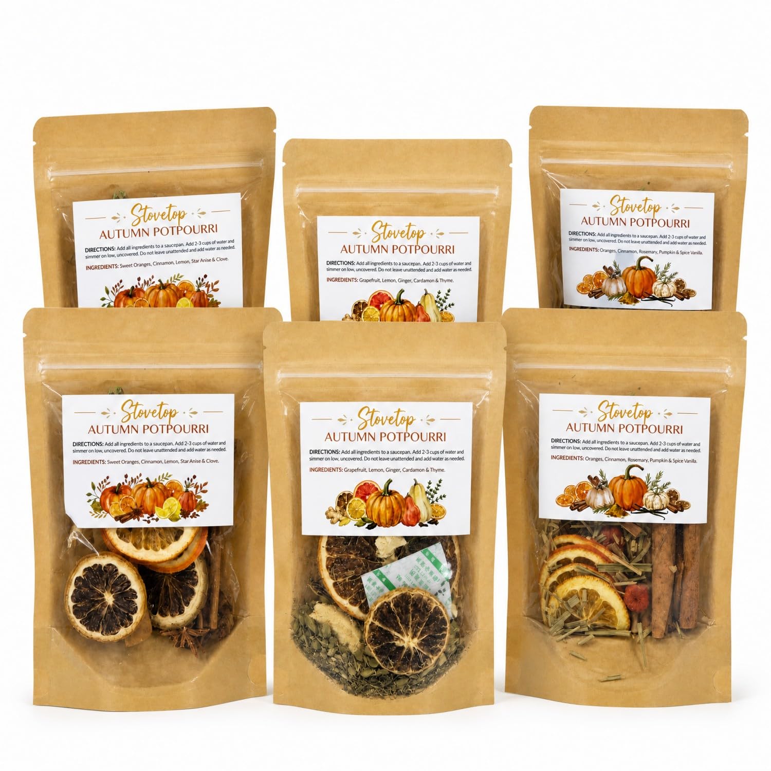 6 Stück herbstliche Potpourri mit getrockneten Orange, Zimt, Sternanis, Nelken, Rosmarin, Ingwer, Kardamom, Kürbisgewürz für Herbst, Erntedankfest, Gastgeberin, Einweihungsgeschenk