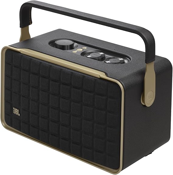 JBL Authentics 300 - Retro Style Wireless Bluetooth/WiFi Home Speaker, Built in Battery (4800mAh), Music Streaming Services via Built-in Wi-Fi, Built in Alexa and Google Assistant (Black/Gold)