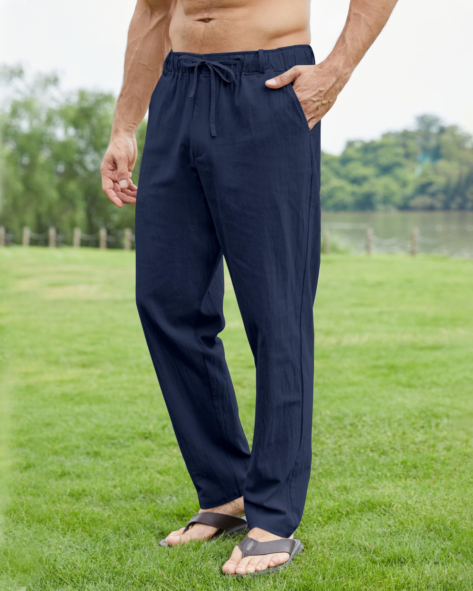 NANAMEEI Pantalon Lin Homme Été Pantalons de Plage Casual Pantalon Yoga Homme Grande Taille Elastique avec Cordon