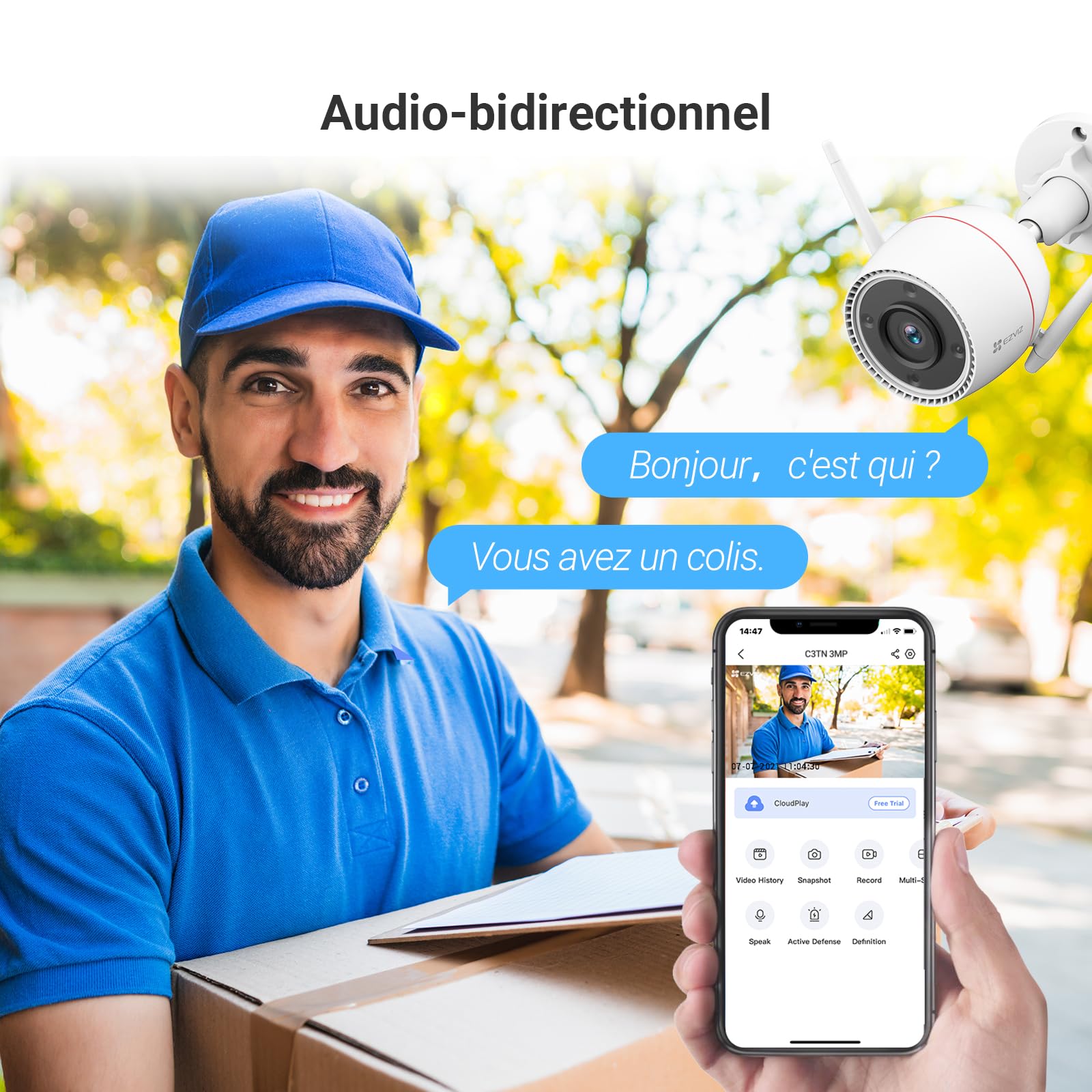EZVIZ Outpro 2K Caméra Surveillance WiFi Extérieure avec Vision Nocturne en Couleur, Alarme Sirène et Flash, étanche IP67, Détection de Personne, Audio Bidirectionnel, H.265, Compatible Alexa