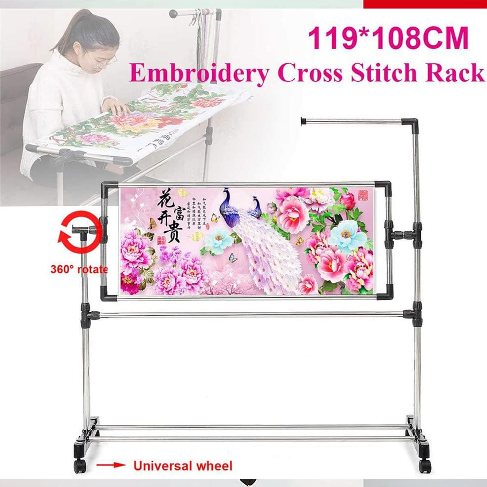 Este Bastidor de Bordado de Suelo, Soporte Ajustable para Costura de Punto de Cruz, Soporte Giratorio de 360° con polea, Mesa de Regazo de 100 cm