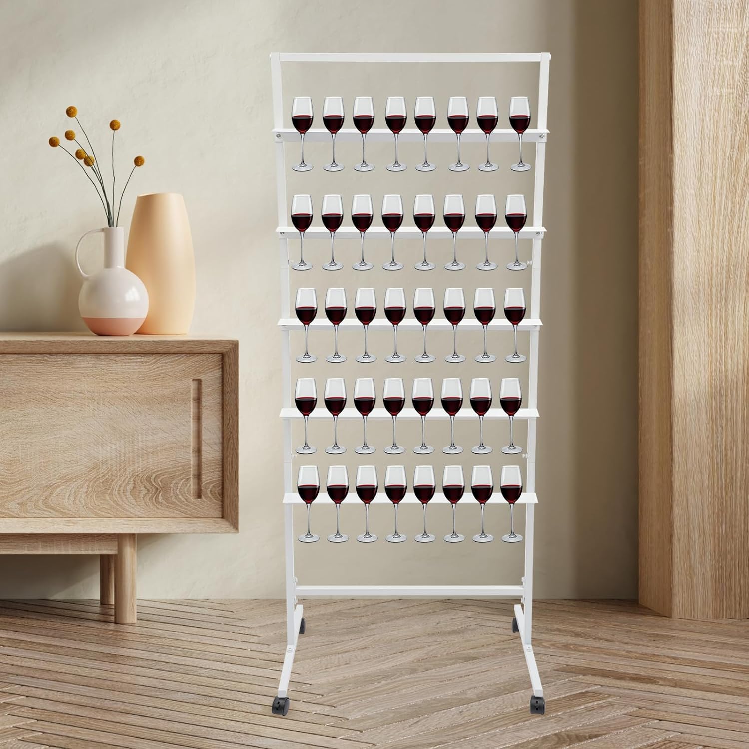 Champagne Wine Glass Holder 5-Tier Stemware Rack Champagne Flute Holder Stand with Lockable Wheels Champagnes Wall Holders Wine Glass Storage Rack (25.98 * 15.75 * 67.72in, White)