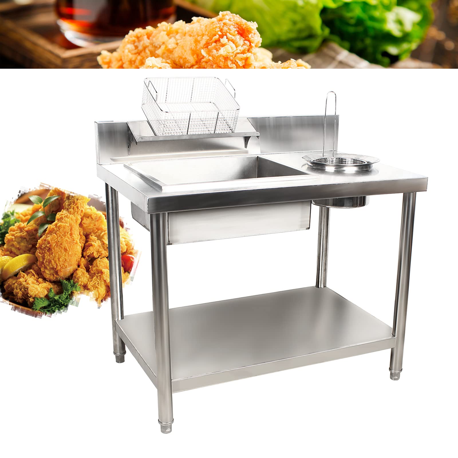 Commercial Fried Food Prep Table, Fried Chicken Breading Table Food Prep Breader Station Stainless Steel Fried Food Workstation with Basin and basket for Restaurant Kitchen, Fried Chicken Shops