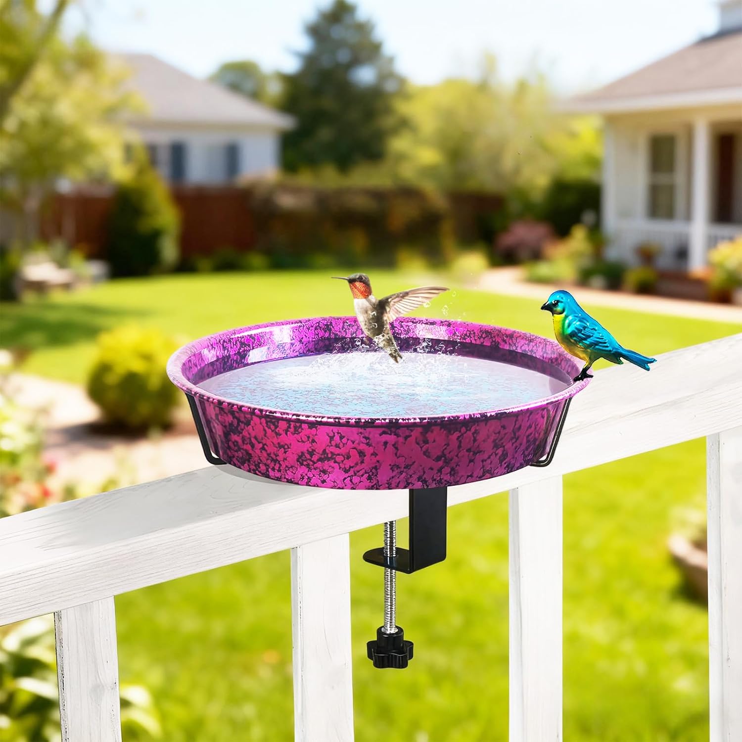 Metal Deck Bird Bath for Balcony Railing, Metallic Purple & Blue 11.5” Bathing Bowl & Feeder with Adjustable Steel Clamp Outdoor Garden Decor Yard Art (0.7 Gallon)