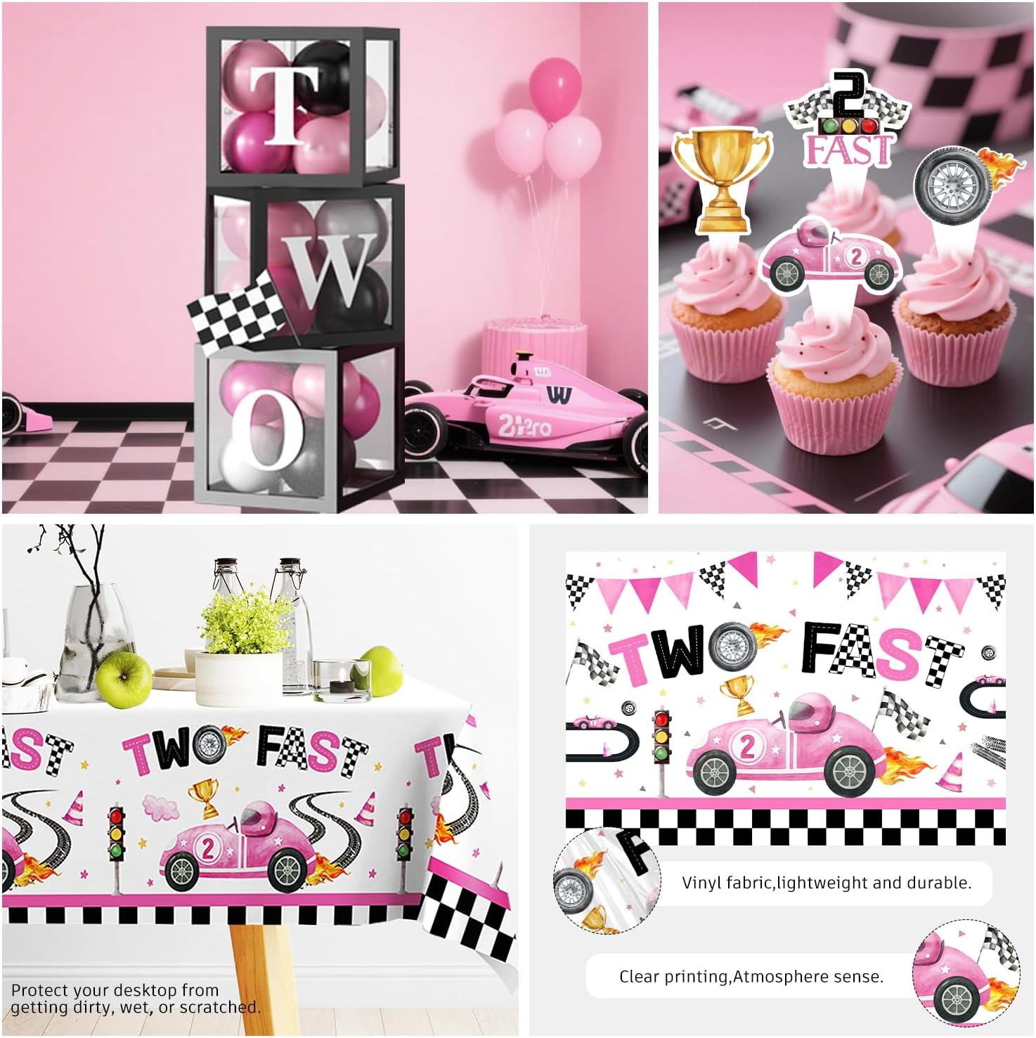 cocomigo 291pcs Two Fast Birthday Decor for 2 Year Old Girl, Worry-free One-stop Set for 25 Guests, includes Balloon Arch Thick Plates Caketopper Tablecloth, Easy Setup for Girls 2nd Birthday Party