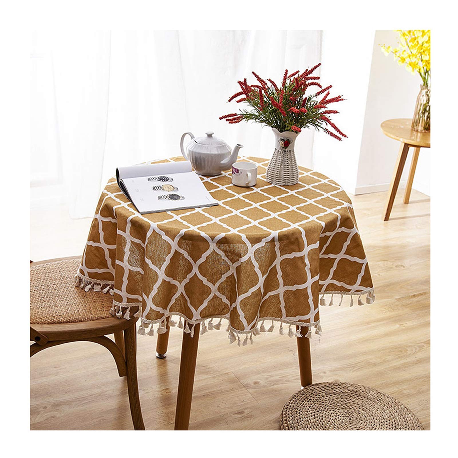 Nappe avec Franges 150cm en coton lin à motif géométrique