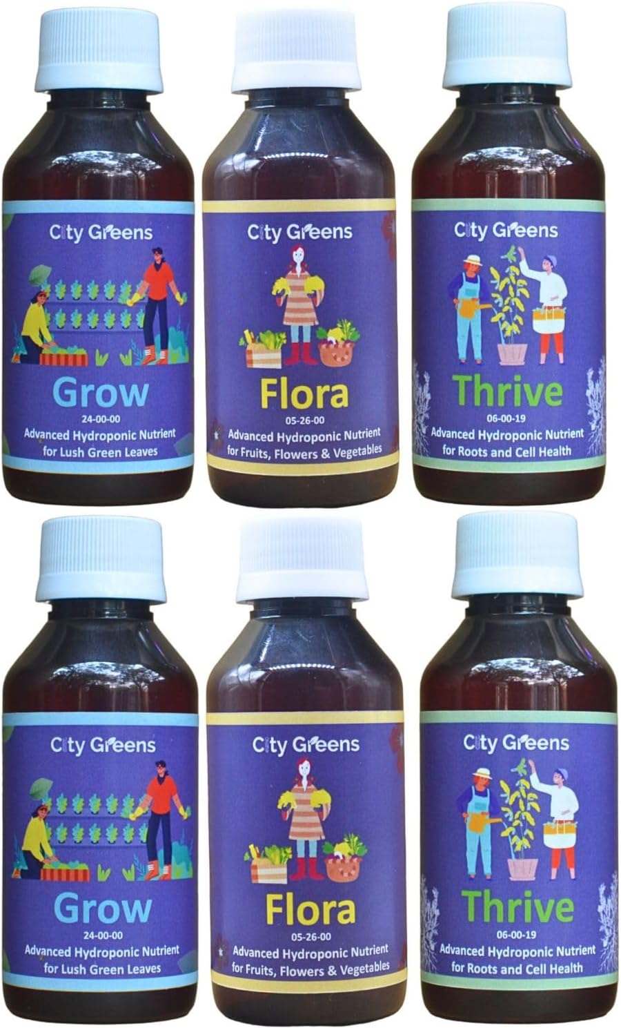 City Greens Advance Hydroponic Nutrient - Grow, Flora. & Thrive - Concentrated Liquid fertilizer for Complete Plant Nutrition - Total 600ml (200ml Bottle Each Grow, Flora, & Thrive).