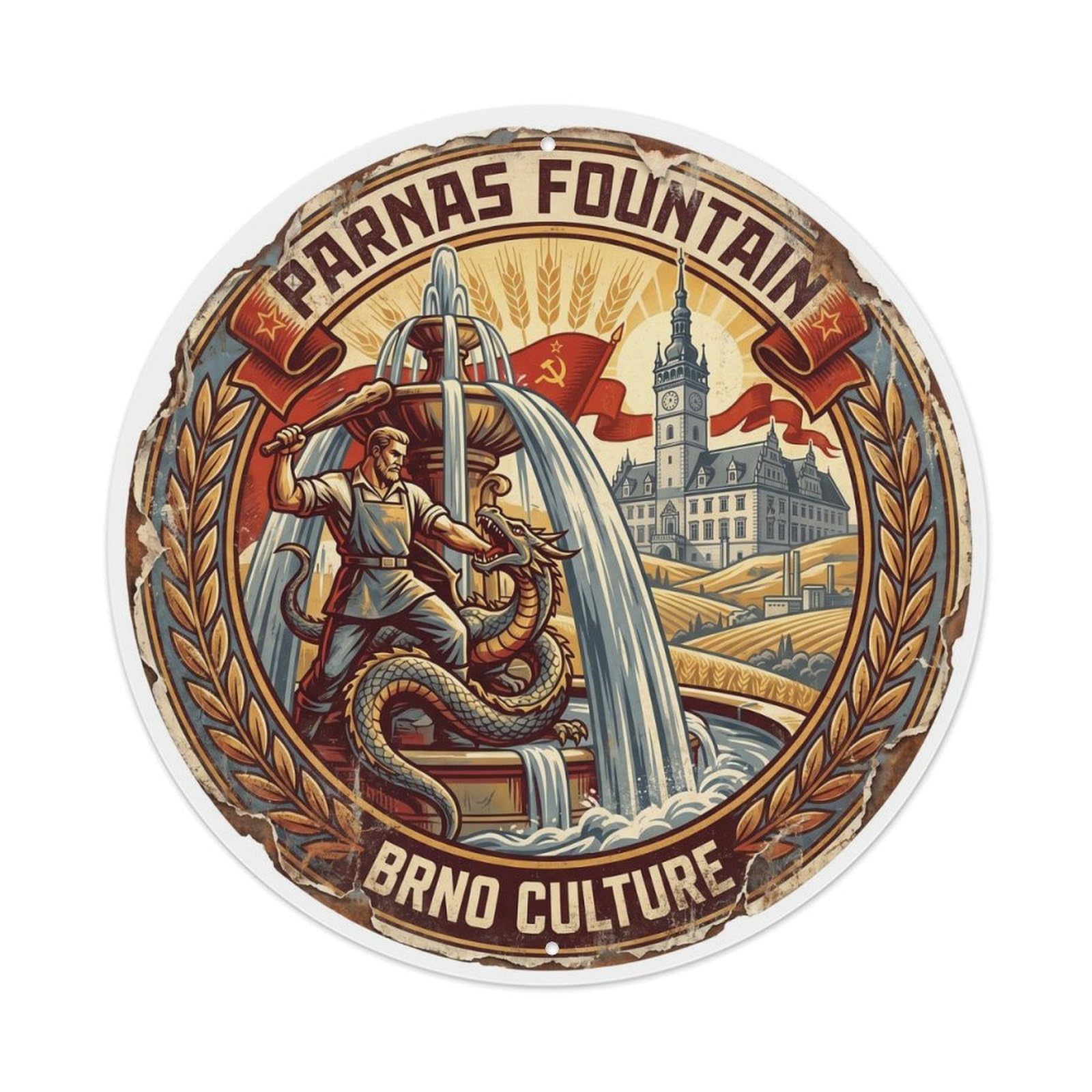 Vintage Travel Parnas Fountain Brno Culture Metal Tin Sign
