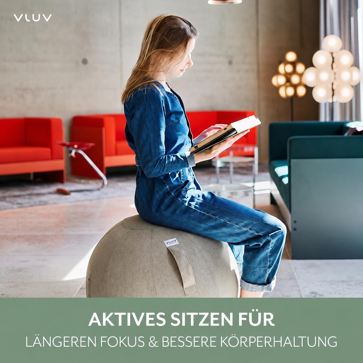 VLUV® BOL LEIV Sitzball Büro ergonomisch - Gymnastikball mit Stoffbezug & Wegrollschutz - Bürostuhl Alternative für Home Office, Rücken Training & Schwangerschaft