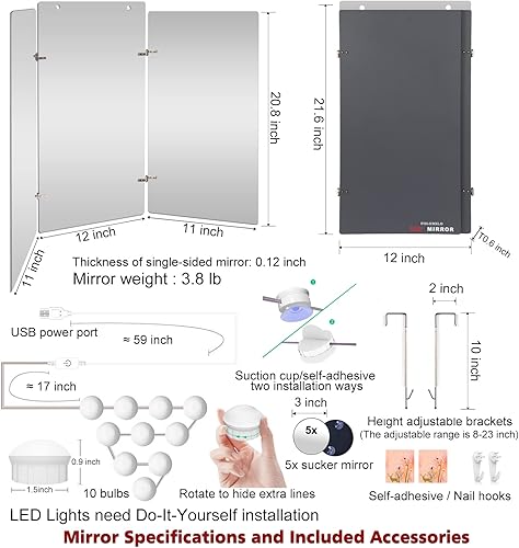 Miniatura 6 de FOLOMILO Espejo de 3 vías para corte de cabello con luz LED espejo de peluquero autocortado 360 portátil recargable LED transparente parte trasera y
