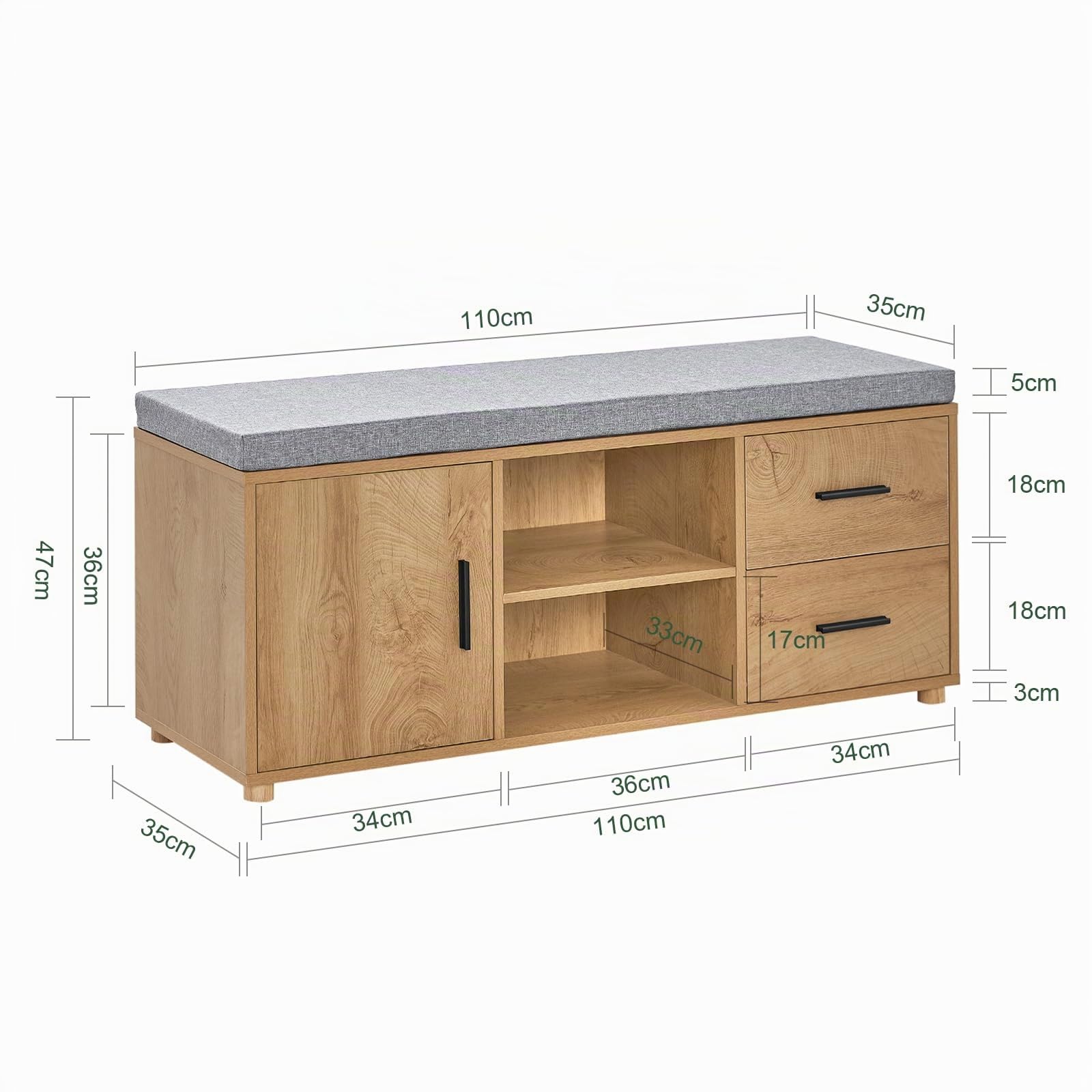 SoBuy Banco Zapatero Banco de Almacenamiento con 1 Puerta 2 Cajones y 2 Estantes Abiertos 110 x 35 x 47 cm FSR148-N ES