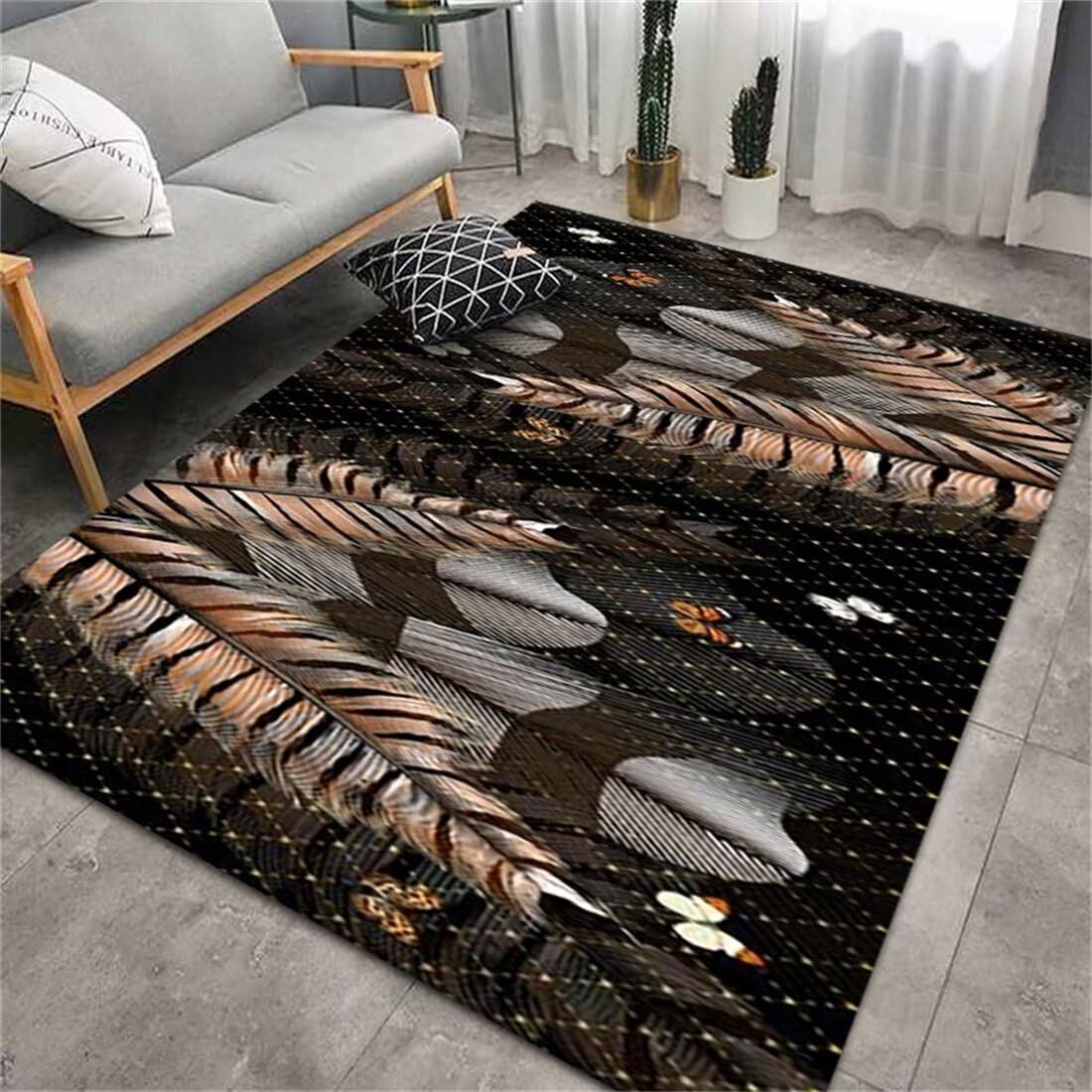 Tapis de salon antidérapant à motif plumes coloré 90x200cm pour chambre