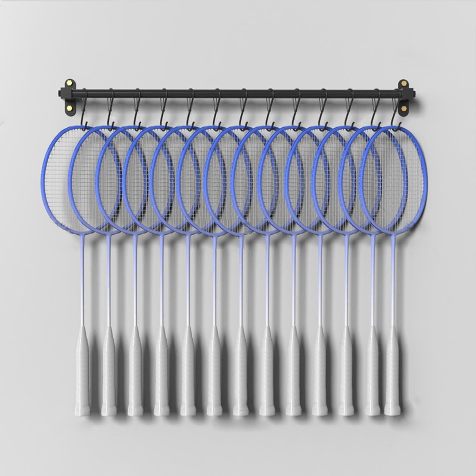 Supporto per racchette da parete con gancio a S, espositore nero per racchette da badminton / tennis, da appendere, per casa, ufficio, garage, attrezzatura sportiva, risparmio di spazio