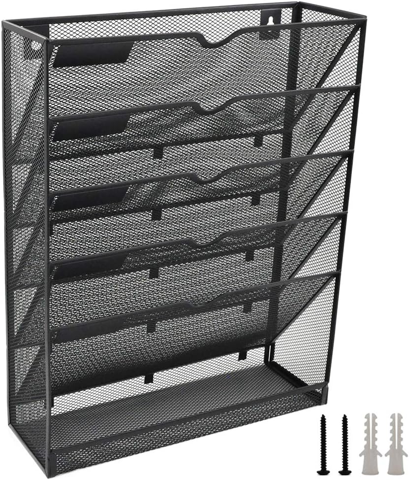 EASEPRES Mesh Wall File Organizer 5 Tier Vertical Mount Hanging Holder Magazine Rack with Bottom Flat Tray, Black : Office Products