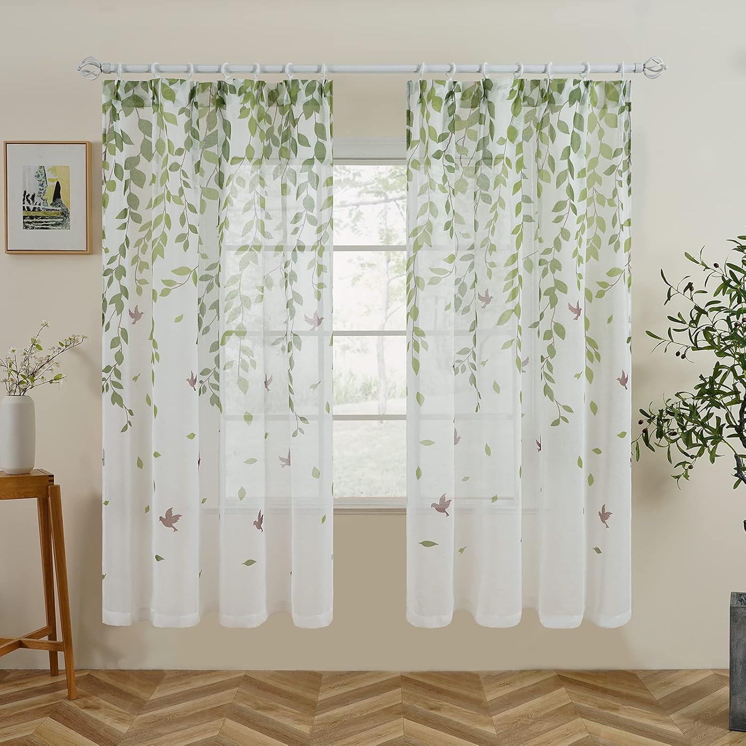 Topfinel レースカーテン 子供部屋 カーテン 北欧 青いの葉 可愛い おしゃれ 幅100ｘ丈178cm 2枚組み カーテンリーフ 遮光 防寒 腰窓用 出窓用 掃き出し窓用 スーパーsale セール期間限定