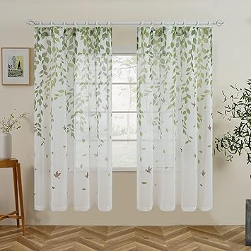 Amazon Topfinel レースカーテン 子供部屋 カーテン 北欧 青いの葉 可愛い おしゃれ 幅100ｘ丈178cm 2枚組み カーテンリーフ 遮光 防寒 腰窓用 出窓用 掃き出し窓用 レースカーテン オンライン通販