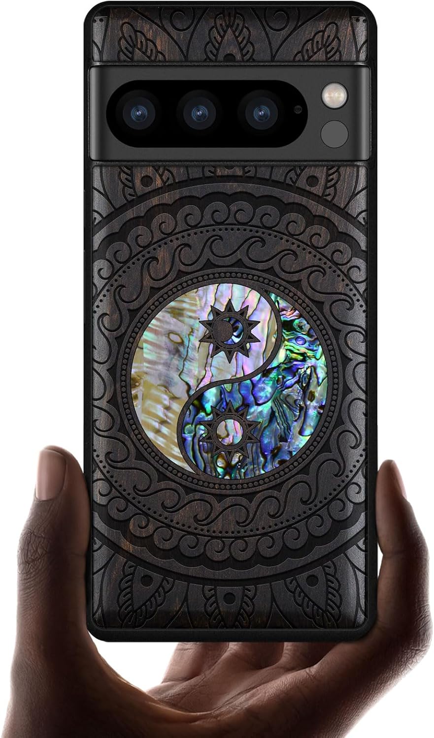 Carveit Designer Wooden Case for Google Pixel 8 Pro Case Cover [Wood Engraving & Shell Inlay] Compatible with Wireless Chargers Pixel 8 Pro (Yin Yang Paisley-Blackwood)