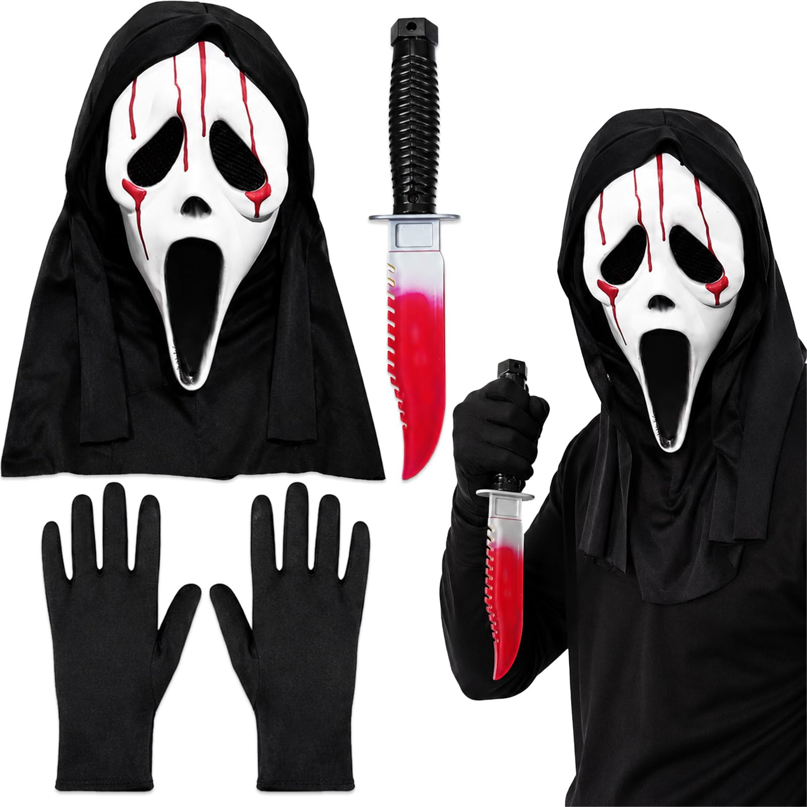 Scream Ghost Face Mask Suit, Fake Blood Knife + Scream Mask + Black Gloves