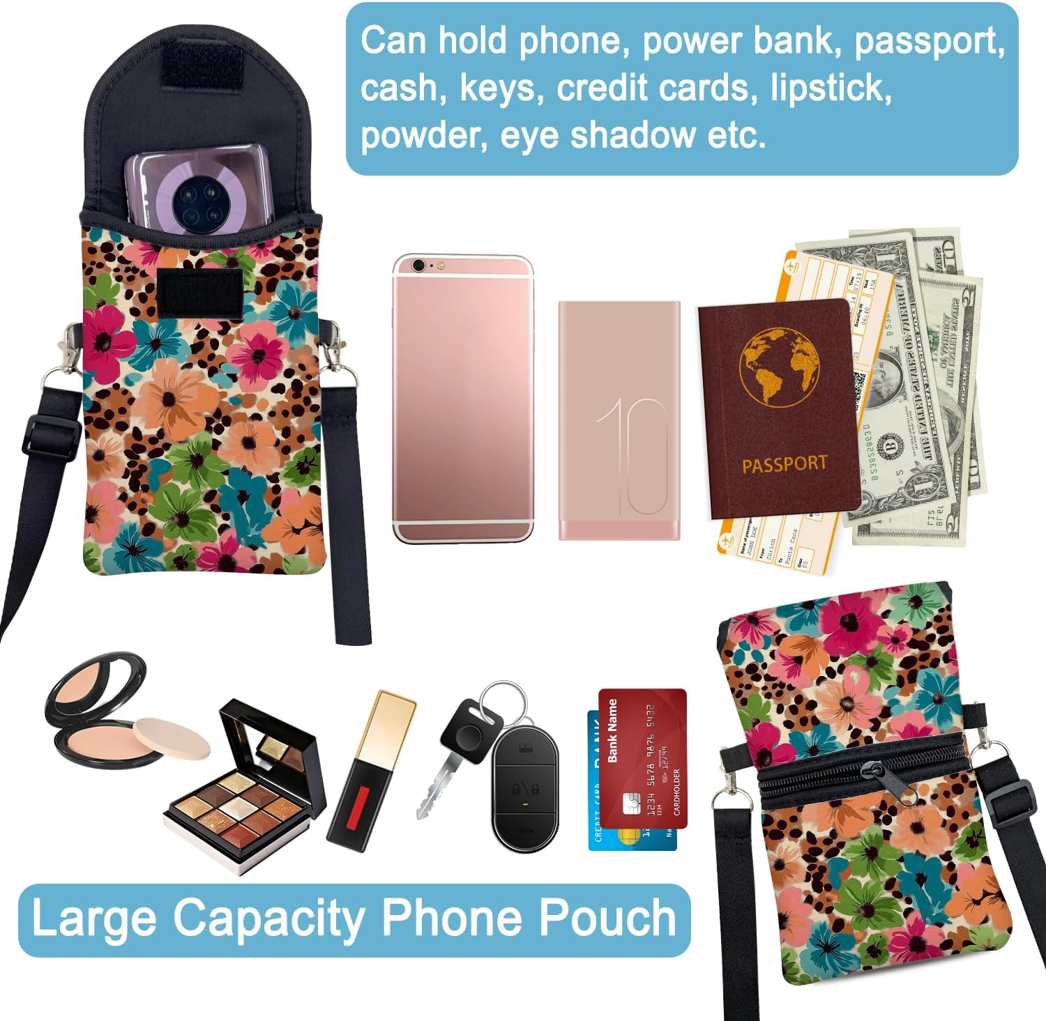 Neoprene Cell Phone Sleeve Pouch Case Bag with Crossbody Strap Neck Lanyard for Women 7.5 X 4.3 in Floral Pattern - Image 6