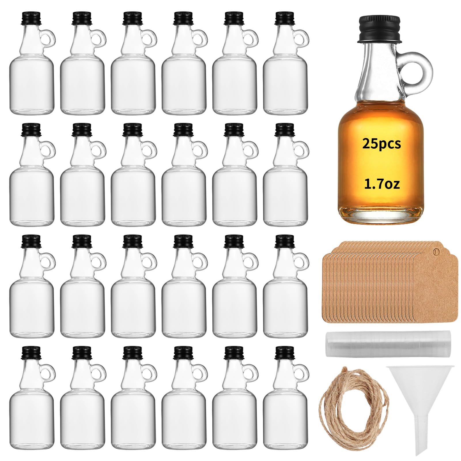 eispap 25 Pcs 1.7 OZ Single ear Mini Glass Liquor Bottles with Lids Small Glass Wine Bottles Reusable Empty Alcohol Bottles with Aluminum Black Screw Cap