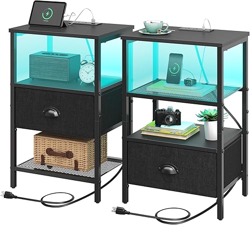 Miniatura 11 de Sthmec - Juego de 2 mesitas de noche LED con estación de carga y cajón de tela, mesita de noche con almacenamiento, mesa auxiliar de 3 niveles con