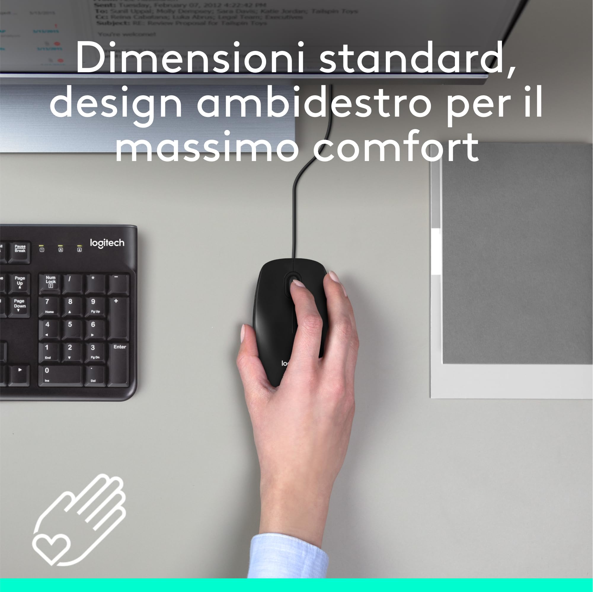 Logitech M100 Mouse 3 pulsanti Tracciamento ottico 1000 DPI, ambidestro, compatibile con PC, Mac, laptop - nero