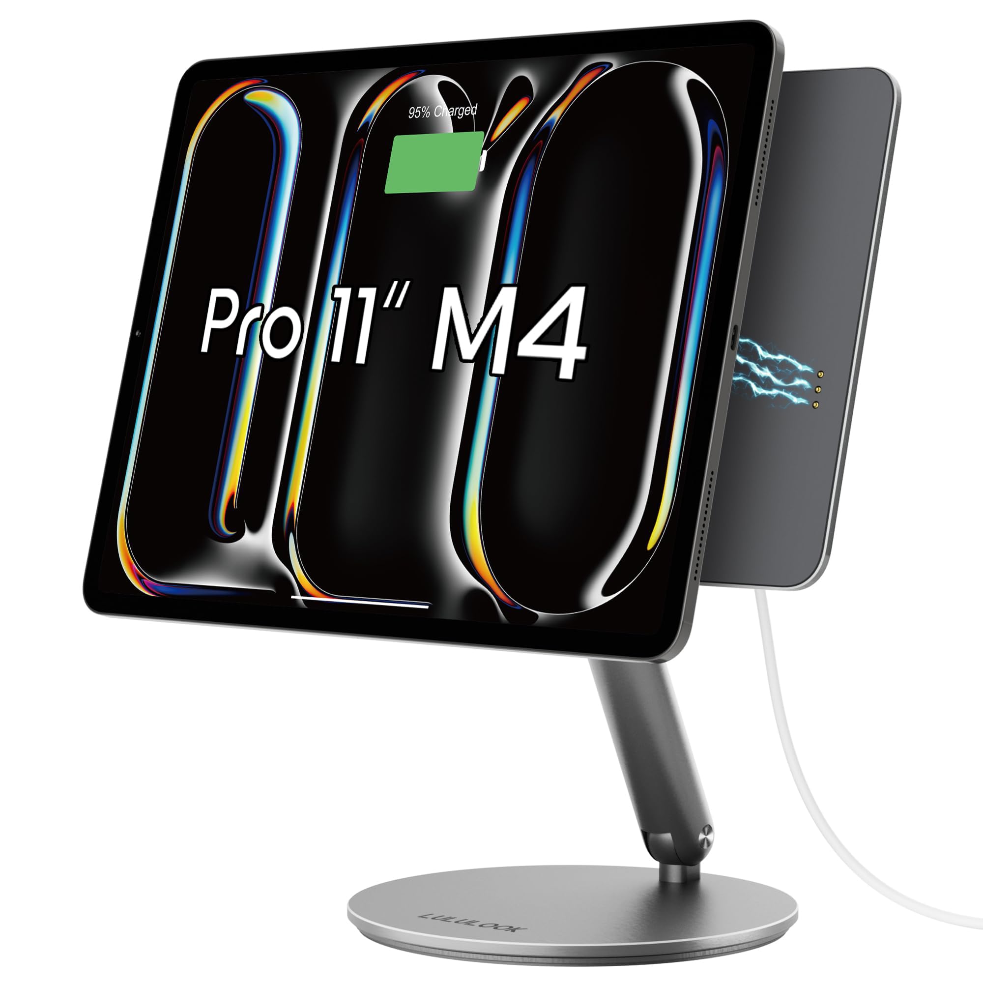 LULULOOK Magnetic Wireless Charging Stand for iPad Pro 11" M4 (2024) Only, 360° Rotating Base with Anti-Slip Pad, Aluminium Alloy Foldable iPad Pro Stand Tablet Holder for Desk, USB C Cable Included