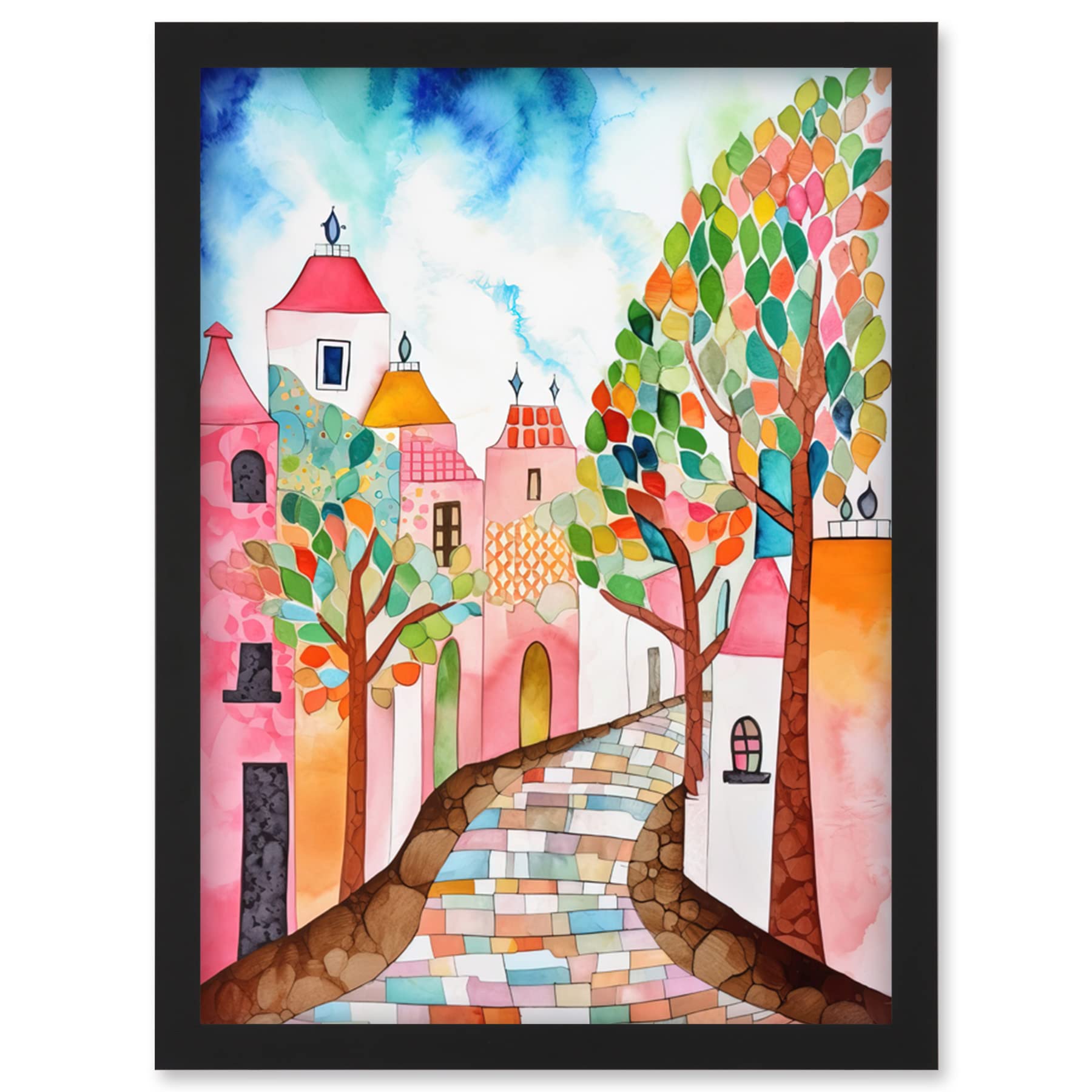 Artery8 Cobblestone Street In Spring Folk Art Artwork Framed Wall Art Print A4