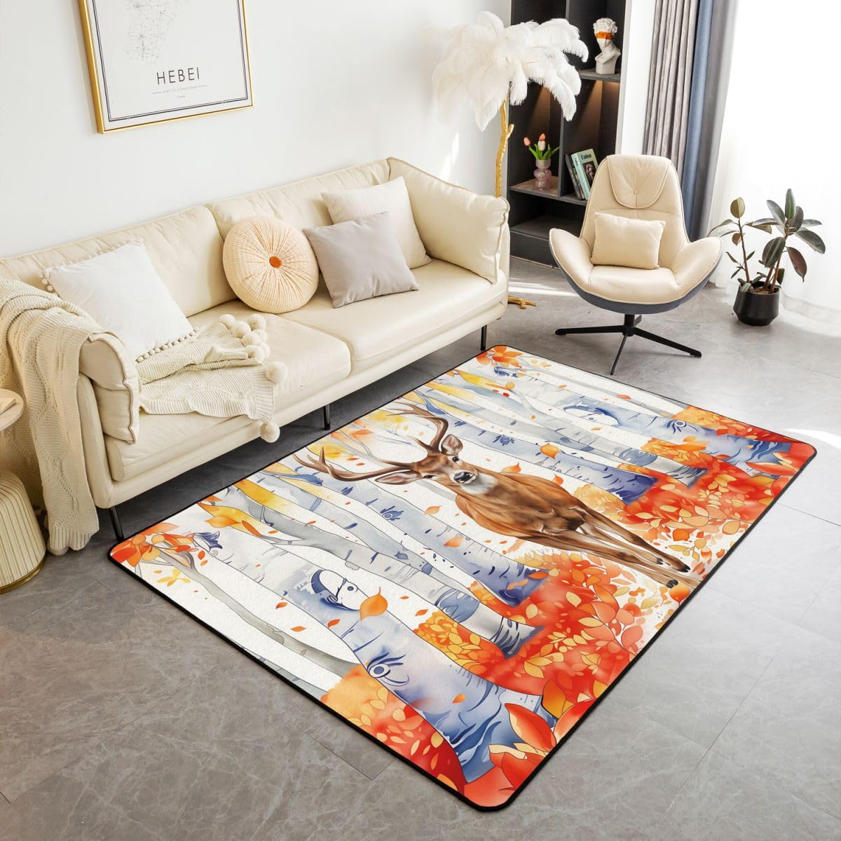 Dywan 3D z jeleniem, 100 x 150 cm, rośliny rolnicze, do sypialni, dywan dla dzieci, nastolatków, akwarela, jesień, motyw do wnętrz, mata do dekoracji domu