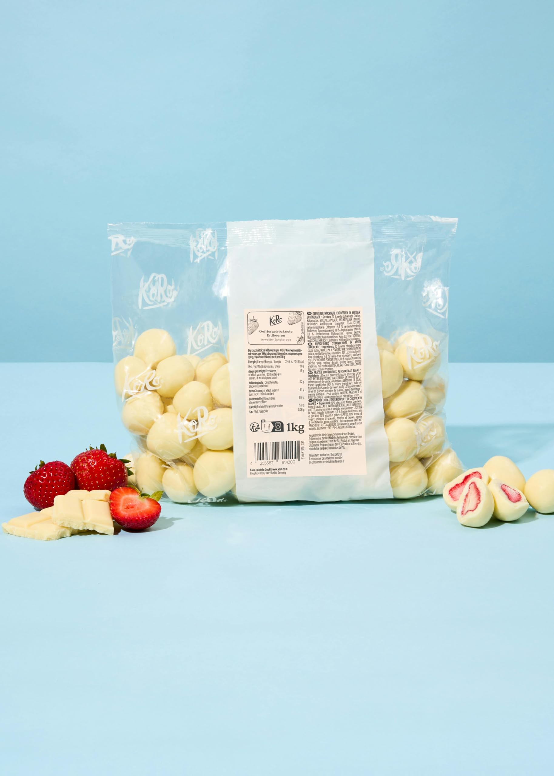 KoRo - Fragole liofilizzate al cioccolato bianco 1 kg - Il cioccolato incontra la frutta - Spuntino ideale - Croccanti e golose