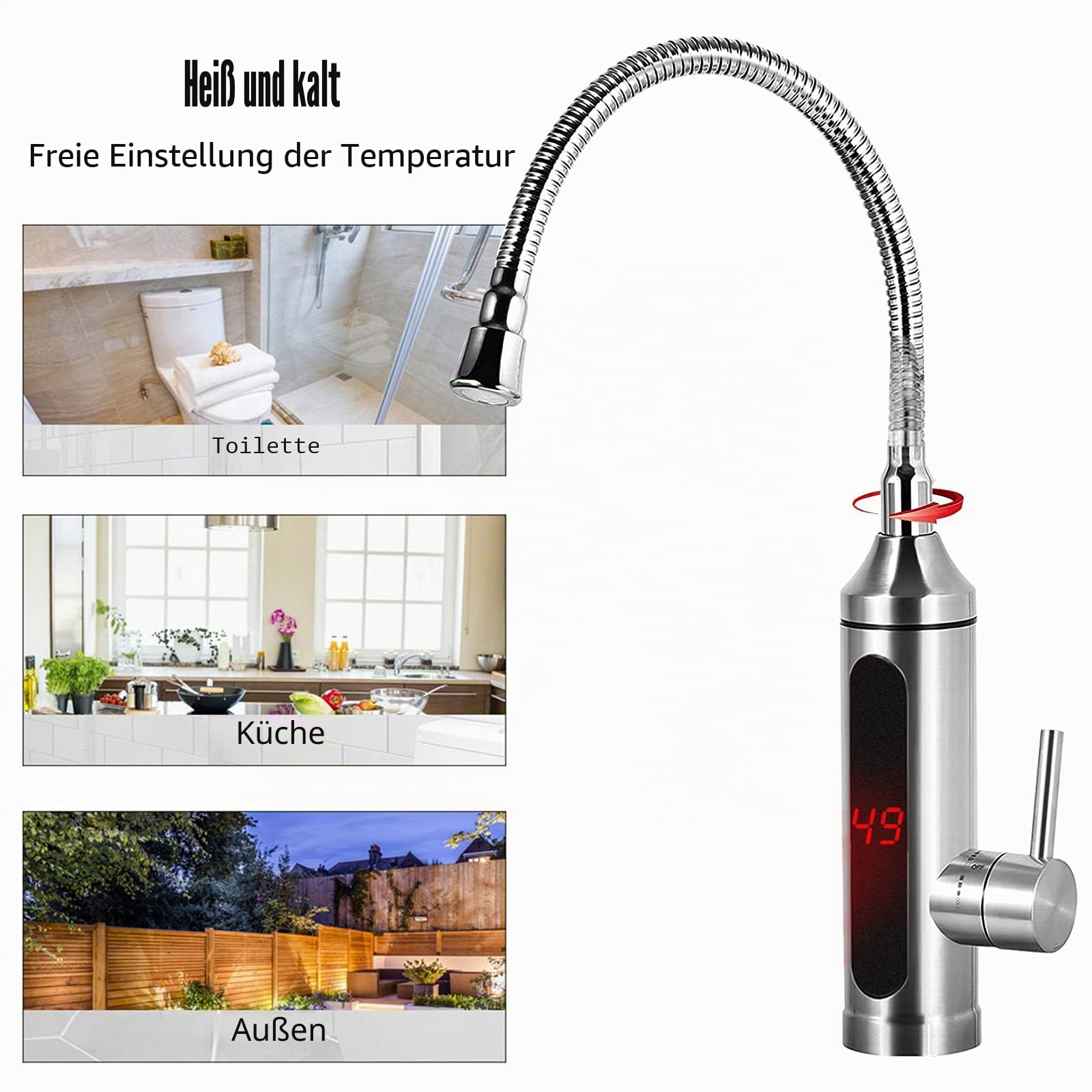 Elektrische Wasserhahn Edelstahl Armatur 3300W Sofortiger Warm KüChenarmatur Elektrischer Heizung Wasserhähnen, Mischbatterie mit Durchlauferhitzer-360° LED Temperaturanzeige Smart Heater Armatur