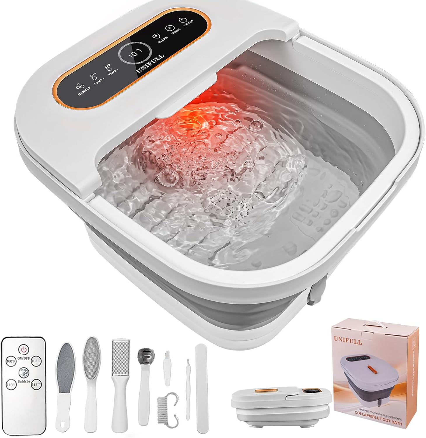 collapsible foot spa bath with heat, touch screen, remote control, massage rollers, timer, bubble, foot pedicure kit, temperature control pedicure foot spa, foot bath