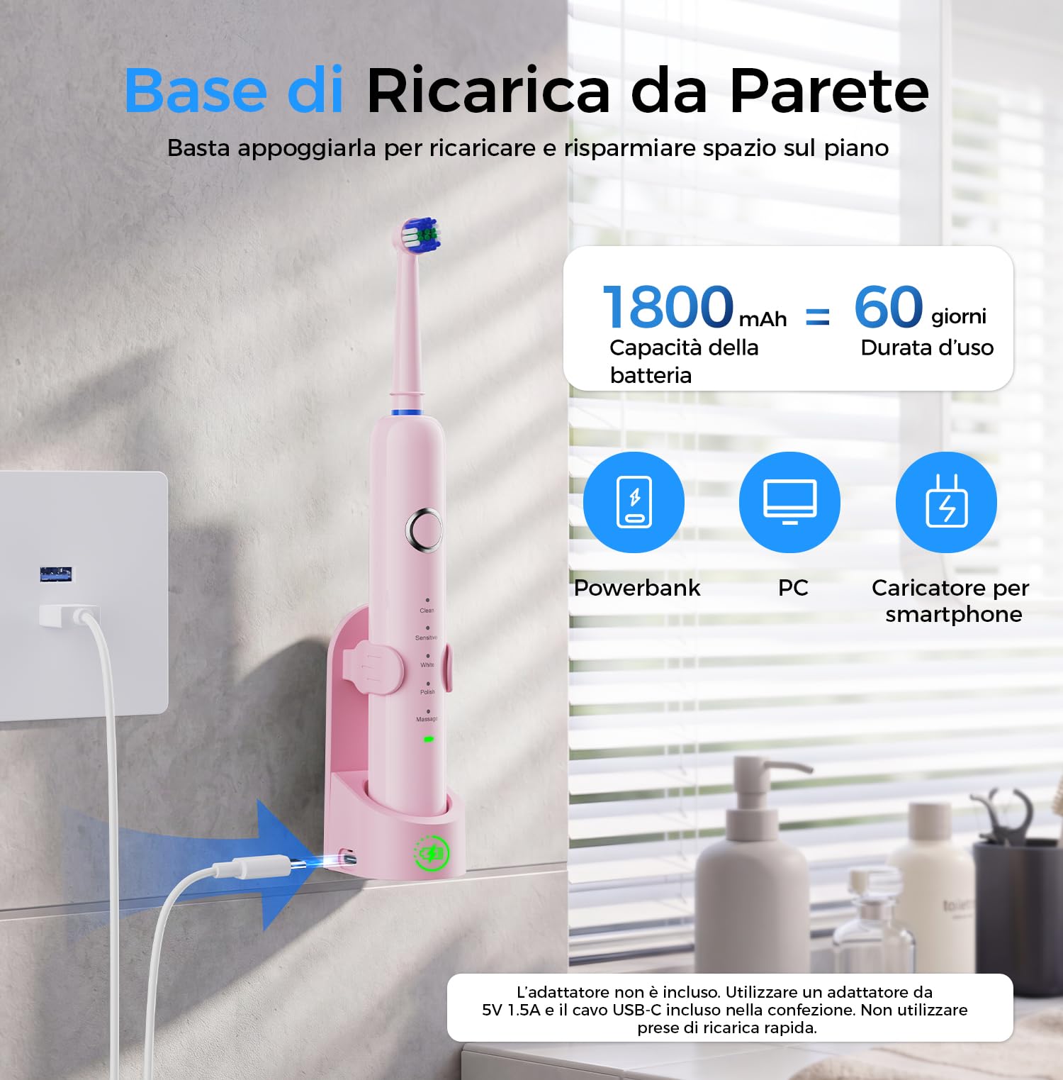 Spazzolino Elettrico Rotante per Denti Sensibili, Rosa | 5 Modalità, 8 Testine, Batteria 60 Giorni, Ricarica Rapida, 5000 RPM, Timer 2 min, IPX7 Impermeabile