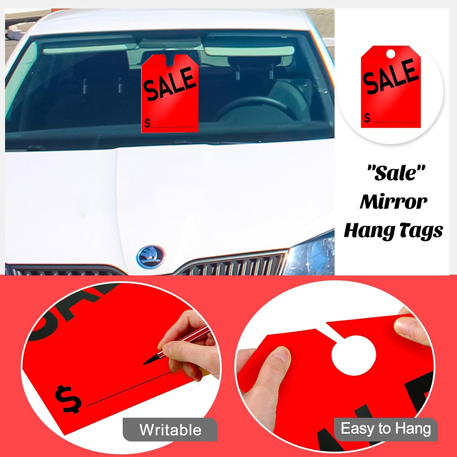 Crtiin 100 Pack Sale Tags Car Sale Sign Dealer Mirror Hang Tags 8.5 x 11.8 Inches for Car Rear View Mirror(Red)