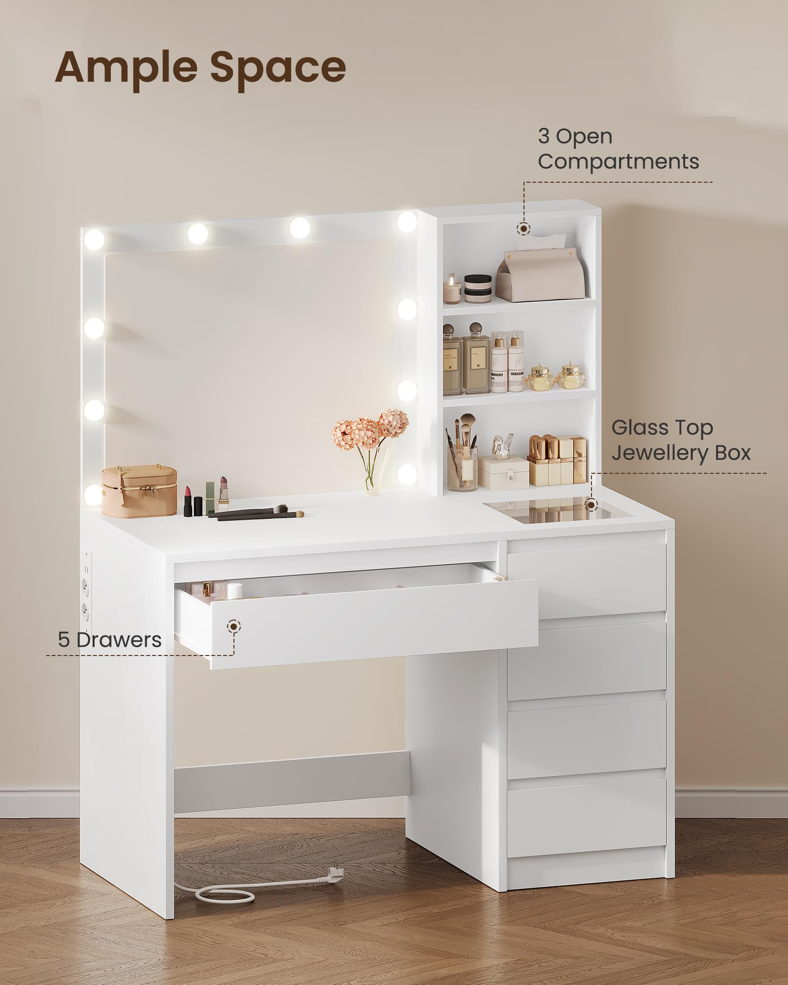 Toeletta, Tavolo da Trucco con Specchio, Luci LED 3 Tonalità, Luminosità Regolabile, Tavolo Cosmetico con Presa Elettrica, Consolle Trucco, 5 Cassetti, 3 Scomparti Aperti, Ripiani Regolabili, Bianco