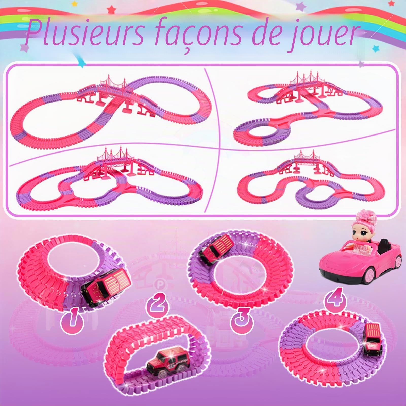 Rocky&Chao Circuit de Voitures Jouet 248 pièces avec poupée, Piste Flexible Rose avec Voitures, Jeu Enfant Fille dès 3 4 5 6 Ans