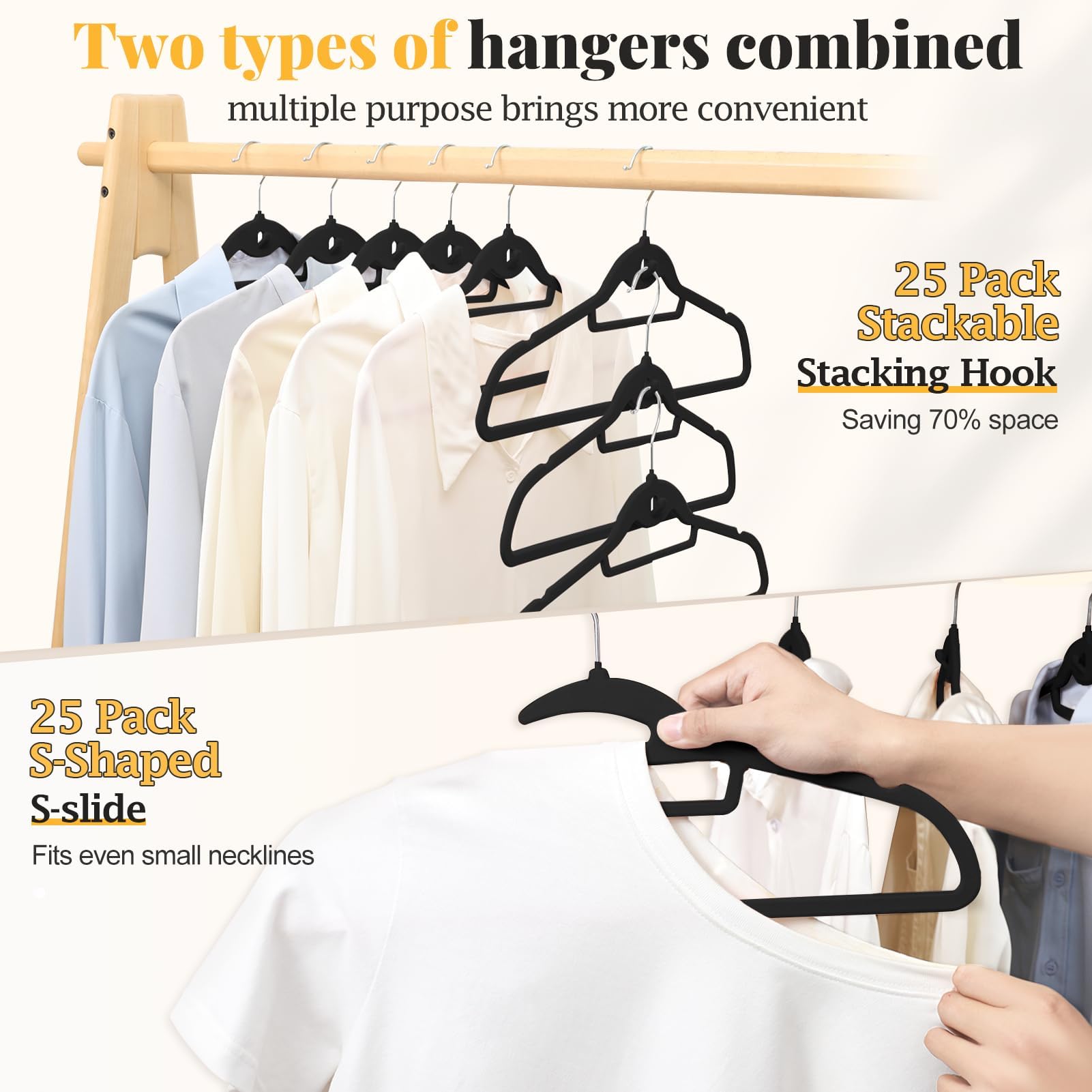 Paquete de 50 Perchas de Terciopelo Negro, en Forma de S y apilables, con Gancho Giratorio de 360°, Ultra Delgadas y ahorran Espacio, para Trajes, Camisas, Abrigos, Capacidad de 15 Libras,