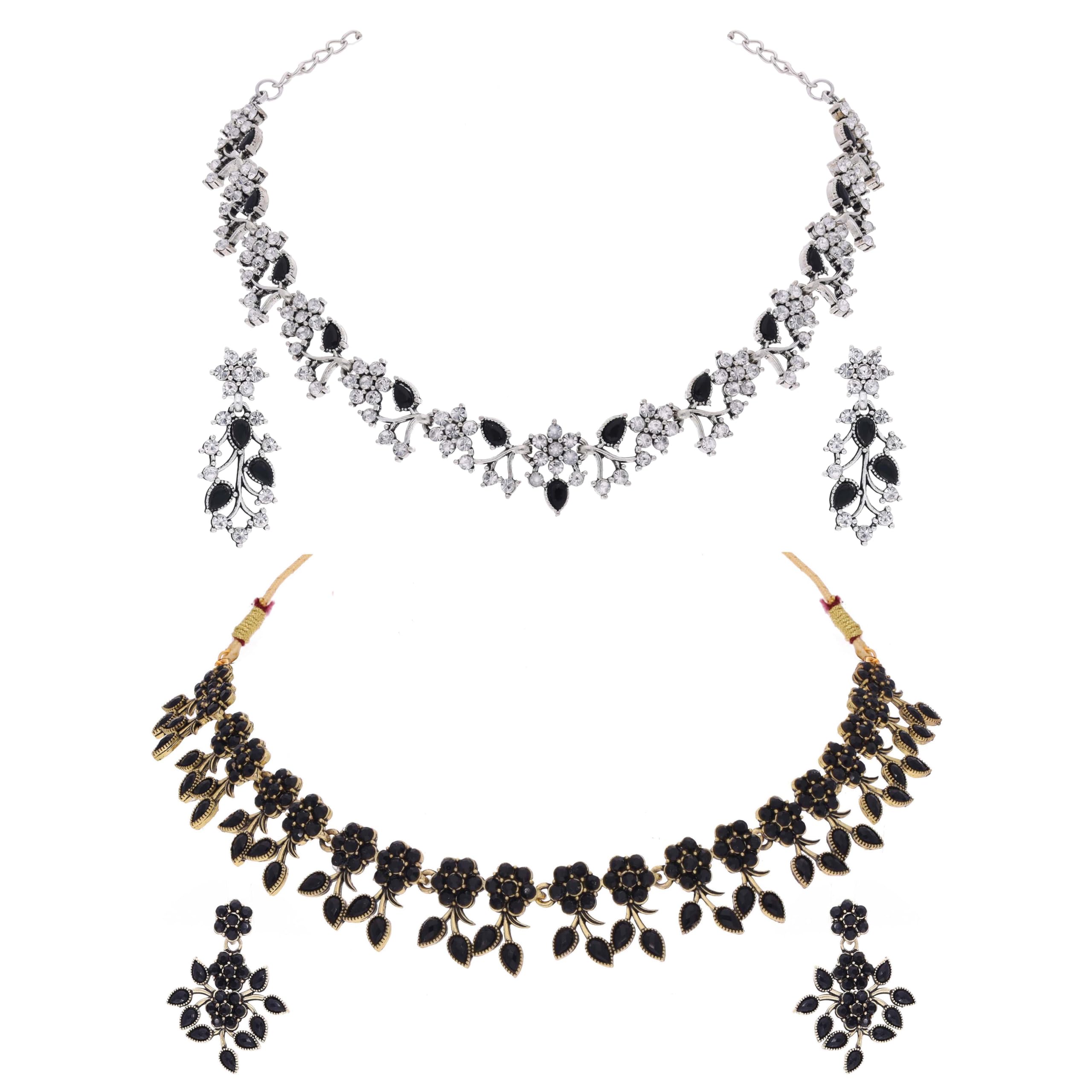 Brado JewelleryContemporary Gold and Silver Plated AD Stone Jewellery Choker Necklace set with Matching Pair of Earrings For festival party or wedding for women and girls