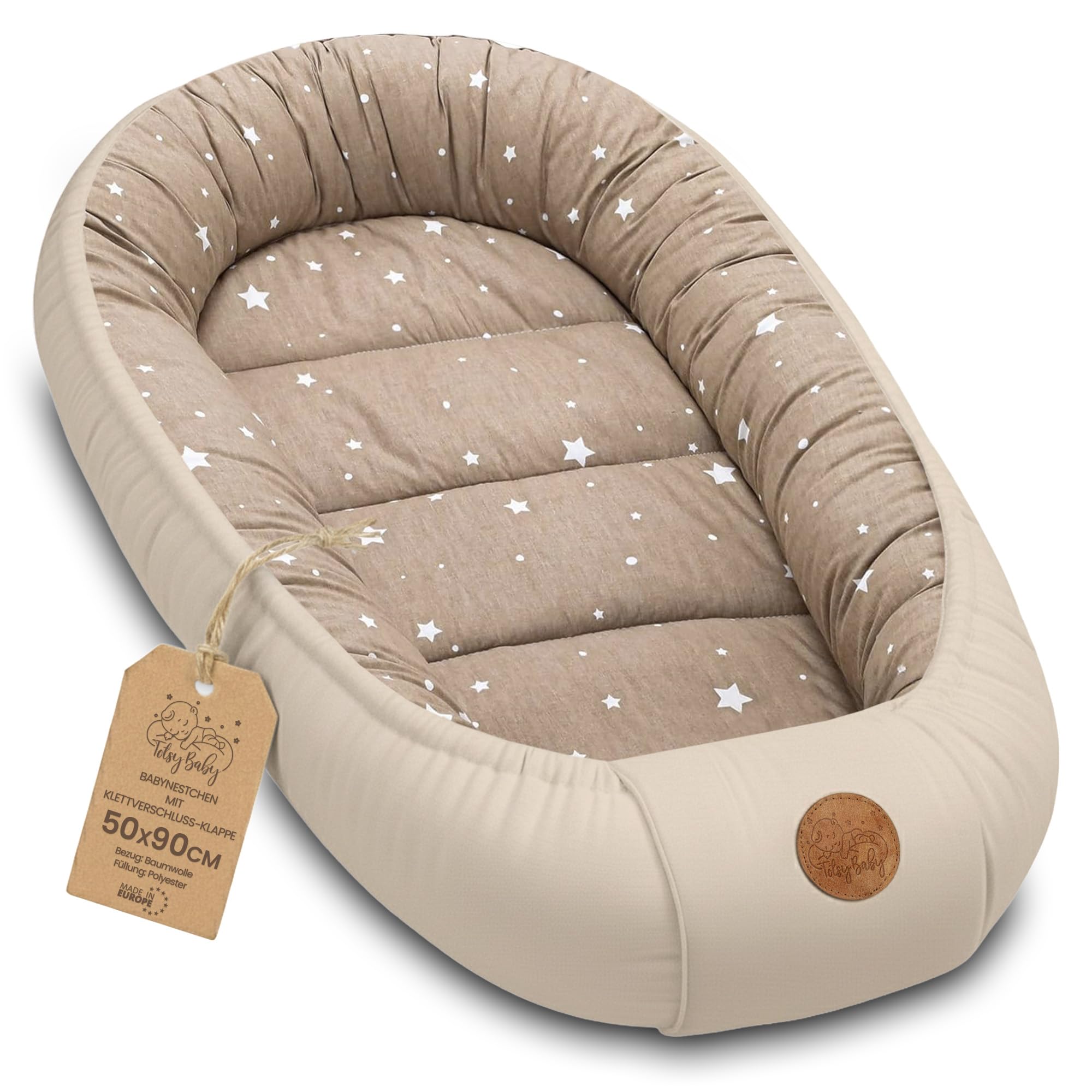 Riduttore lettino neonato - 90x50 cm baby nest trasportabile per neonati nido culla pod cocoonababy babynest antisoffoco Beige con stelle bianche